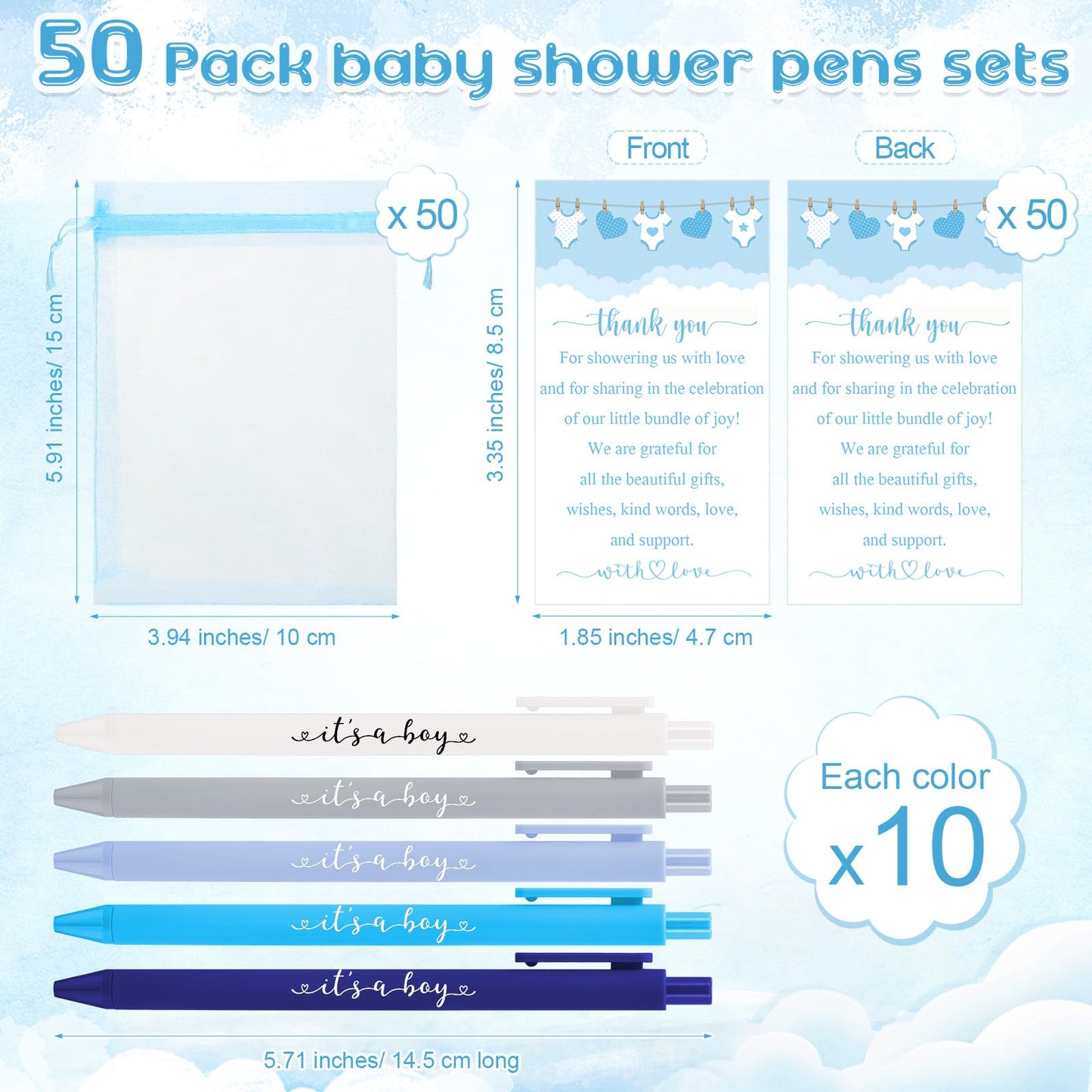 Chuangdi 50 Pack It's a Boy Party Baby Shower Pens Favors for Guests, Blue Gender Reveal Party