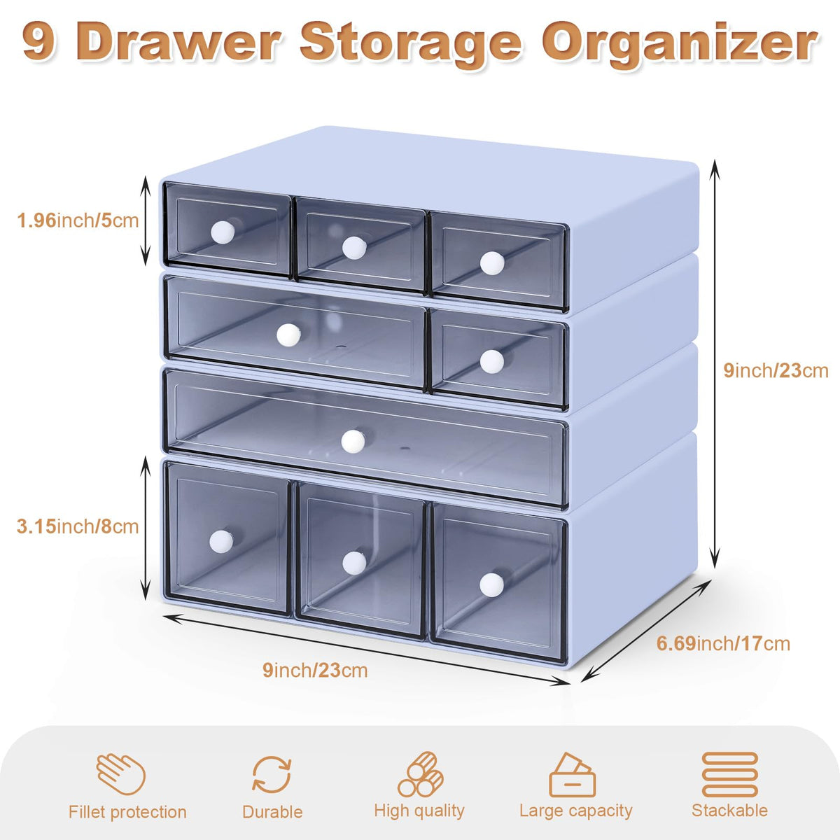 MYKASEN Desk Organizer with 9 Drawers, 4 Tier Plastic Stackable Storage Drawers for Desk Storage
