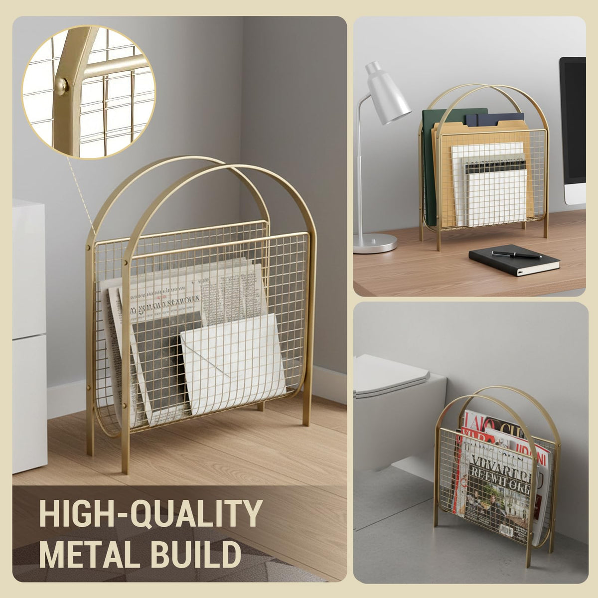MyGift Mid Century Brass Tone Metal Mesh Magazine Rack Storage Basket
