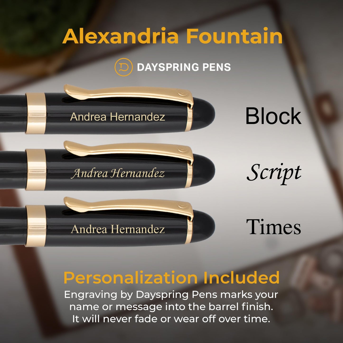 Dayspring Pens Alexandria Personalized Fountain Pen in Black with Gold Trim