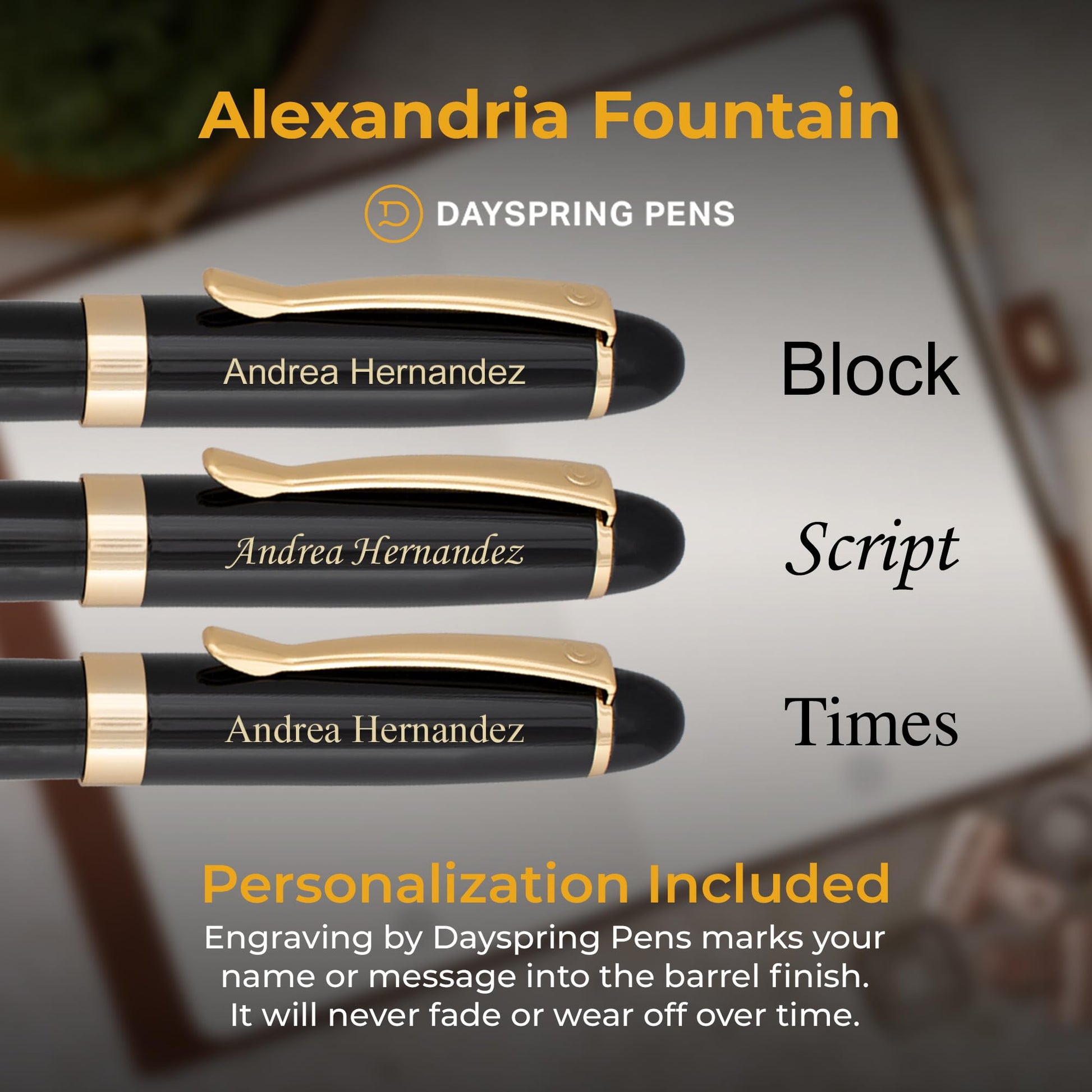 Dayspring Pens Alexandria Personalized Fountain Pen in Black with Gold Trim