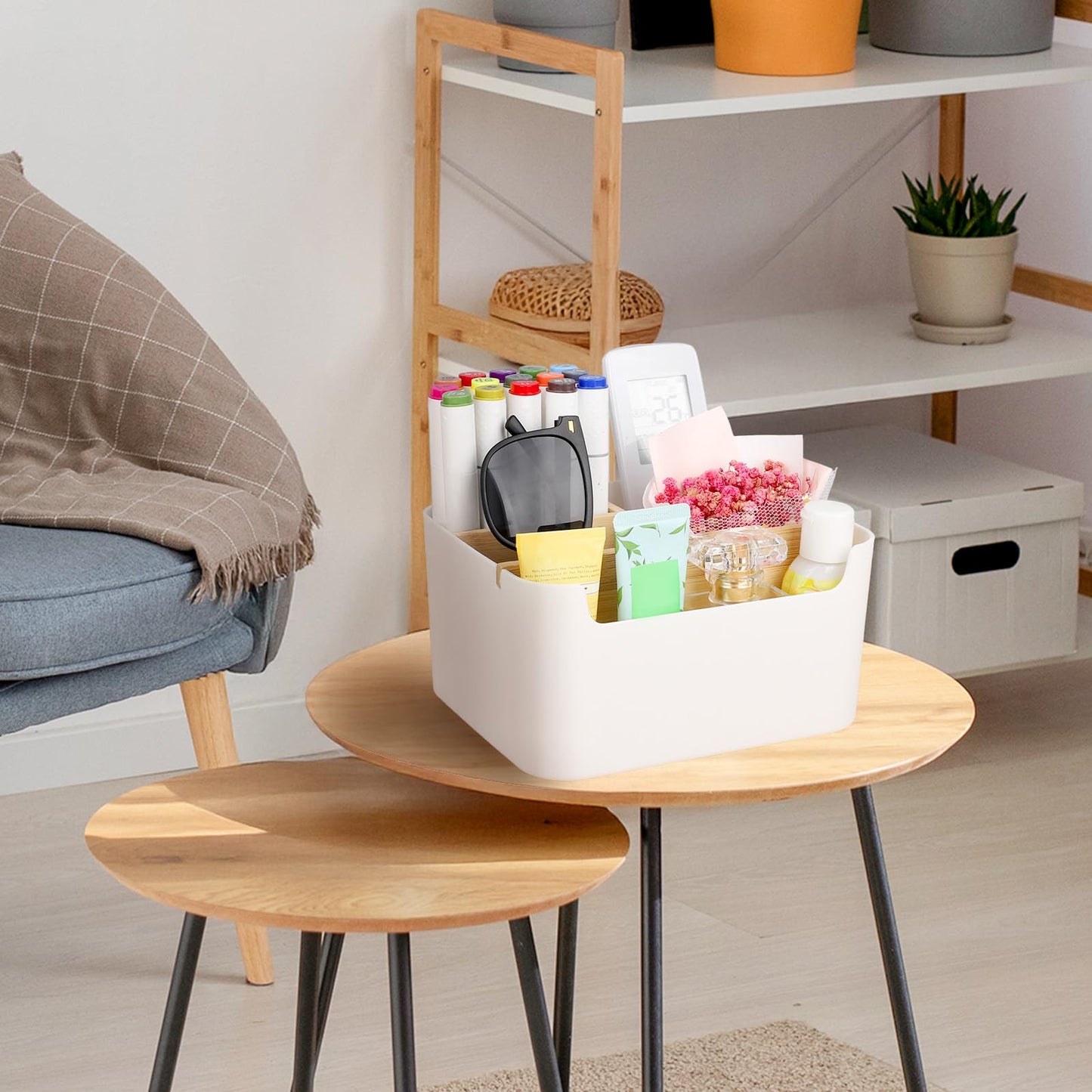 Segarty Desk Storage Box, Divided Bamboo Desktop Organizer, Pencil Holder, Detachable Pen Holder