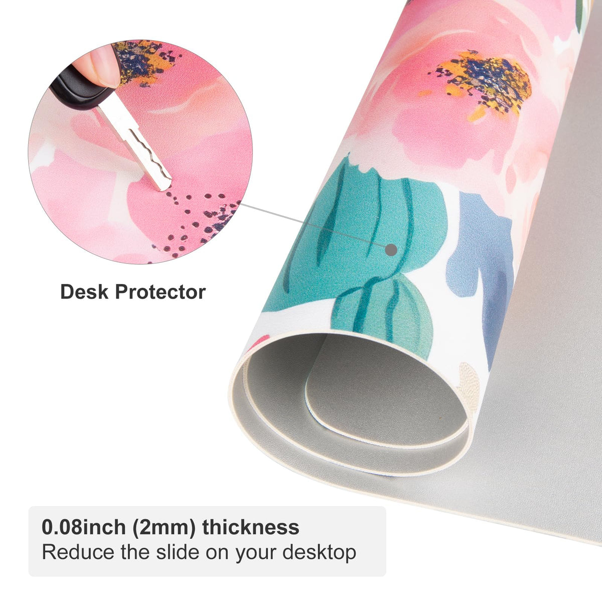 Faux Leather Large Mouse Pad, Office Desk Mat, 31.5"x15.7", Pink Floral