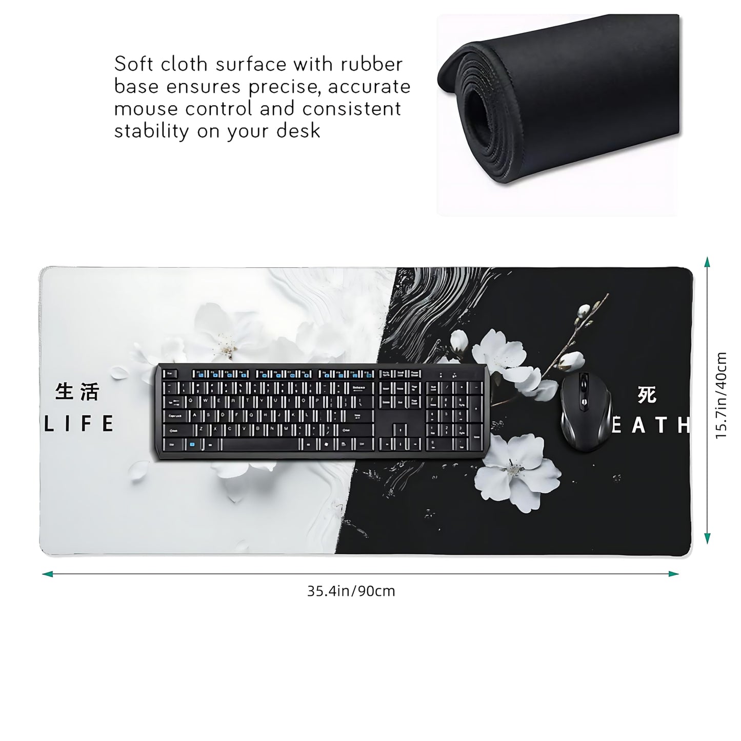 Floral Aesthetic Cherry Blossom Gaming Mouse Pad, Black White Japanese Desk Mat with Anti-Slip Base