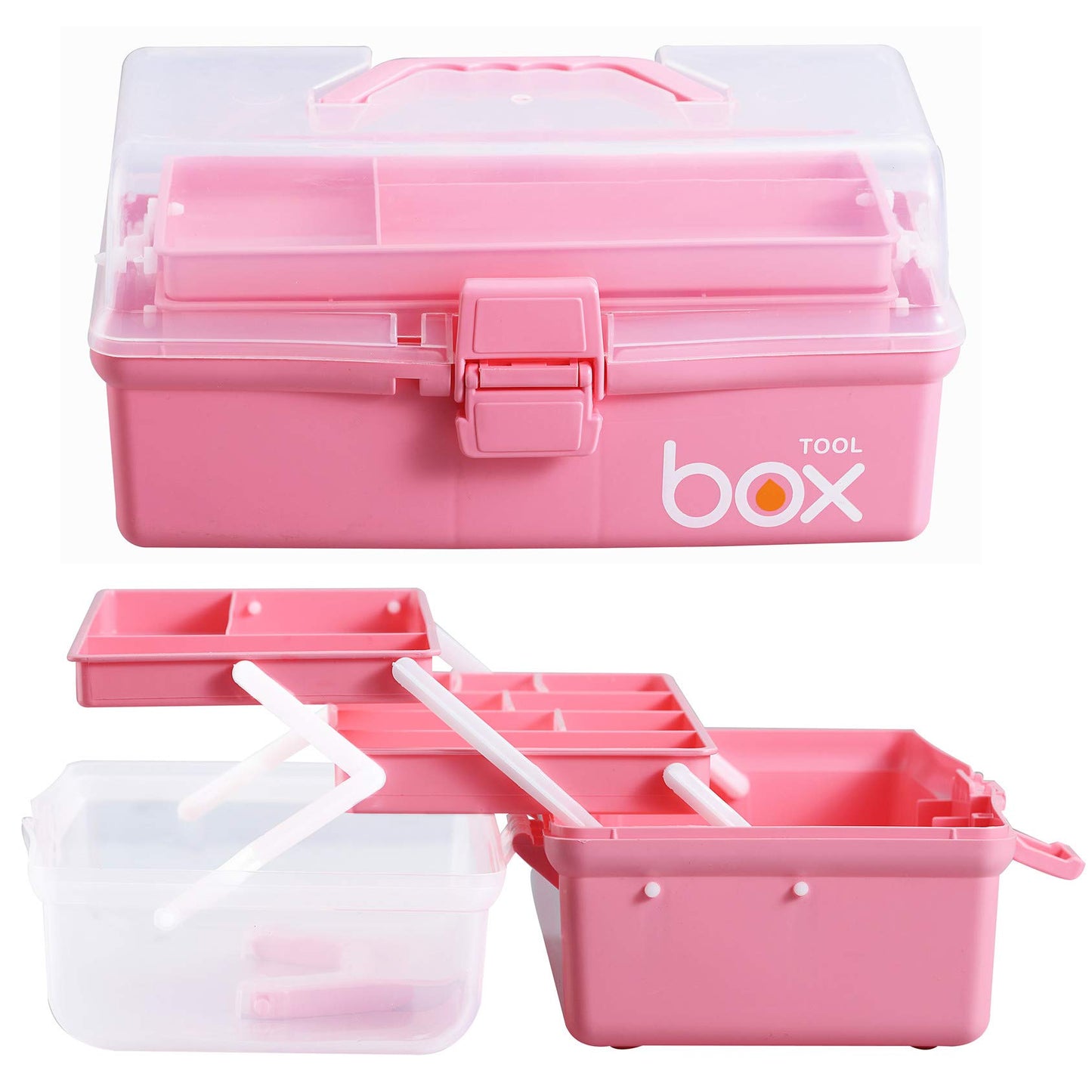 Kinsorcai 12'' Three-Layer Clear Plastic Storage Box with Handle, Craft Tool Box, 3 Layer Pink