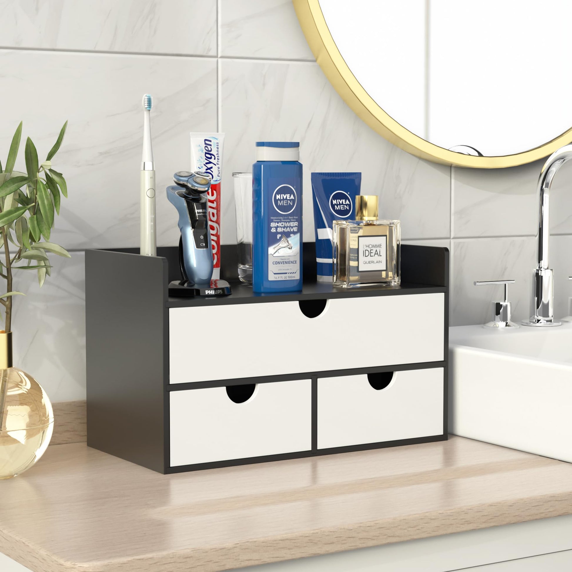 Bamboo Desk Organizer with Drawers, Desktop Storage for Office Supplies