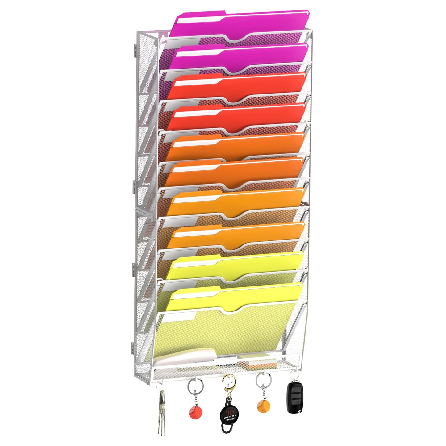 11-Tier Wall File Organizer with Base and Hooks, Hanging Organizer, White