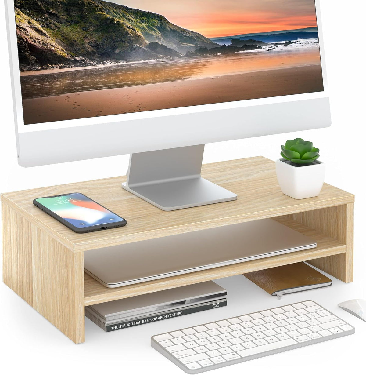 FITUEYES Wooden Monitor Stand Riser, 2-Tier Desk Storage Shelf, Oak
