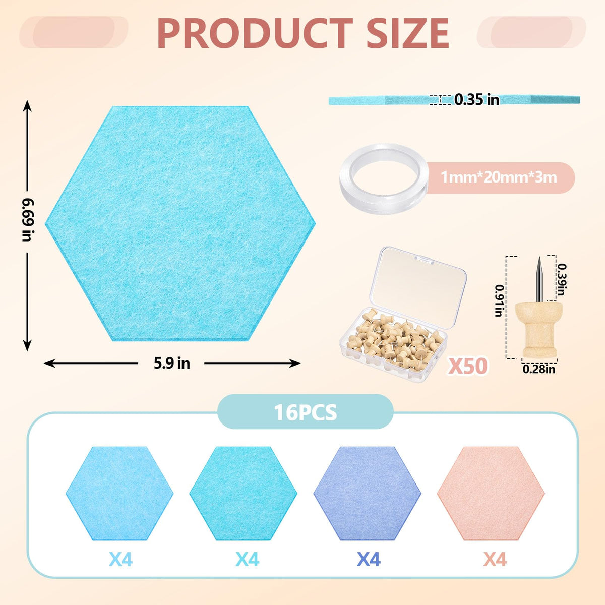 6.7 x 5.9 in 16 Pcs Hexagon Cork Board Tiles, Felt Pin Boards, Pastel