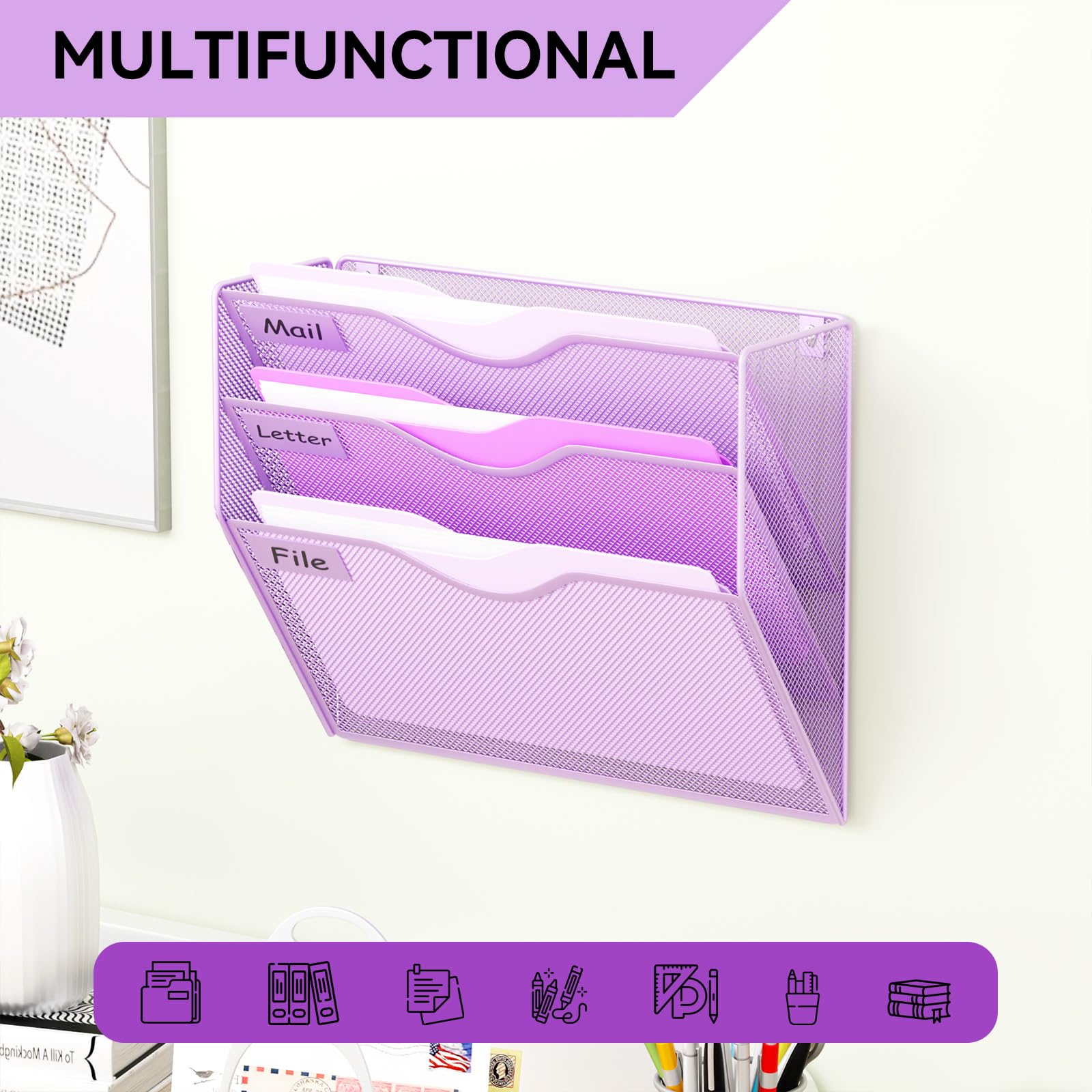 GDINDINFAN 3 Pockets Hanging Wall File Organizer Mail Holder, Wall Mounted Paper Document Folder