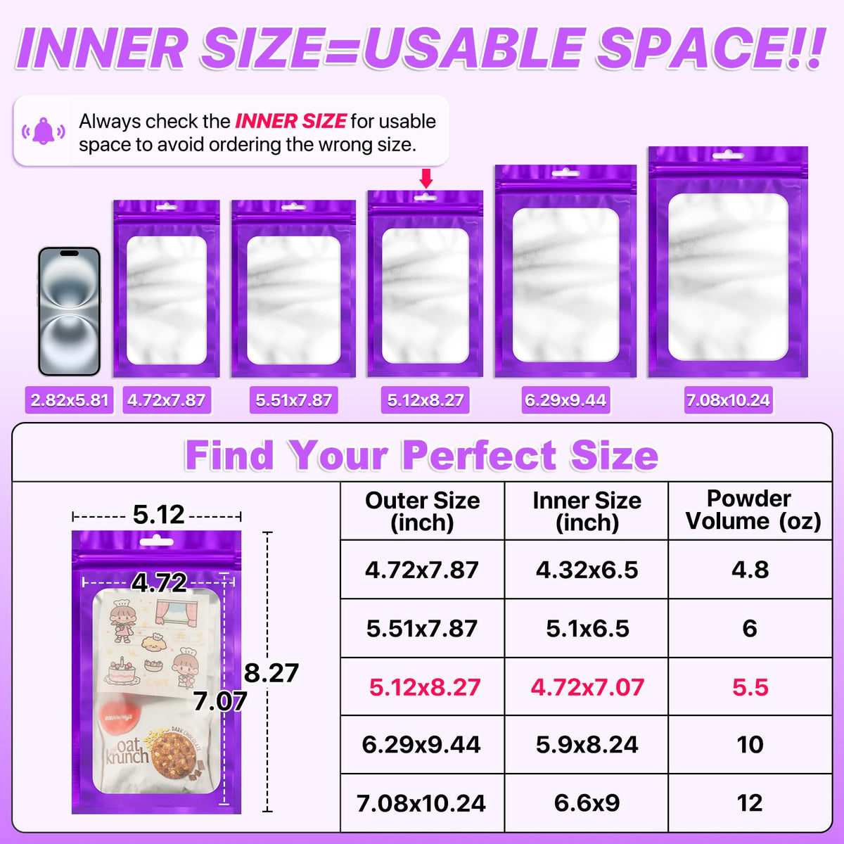 ANZNKU 100Pcs Purple Mylar Bags, Resealable Smell Proof Zip Goodie Baggies