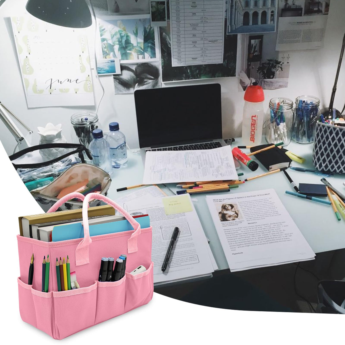 Cupohus Art Organizer Craft Storage Tote Bag with Multiple Pockets (Pink)