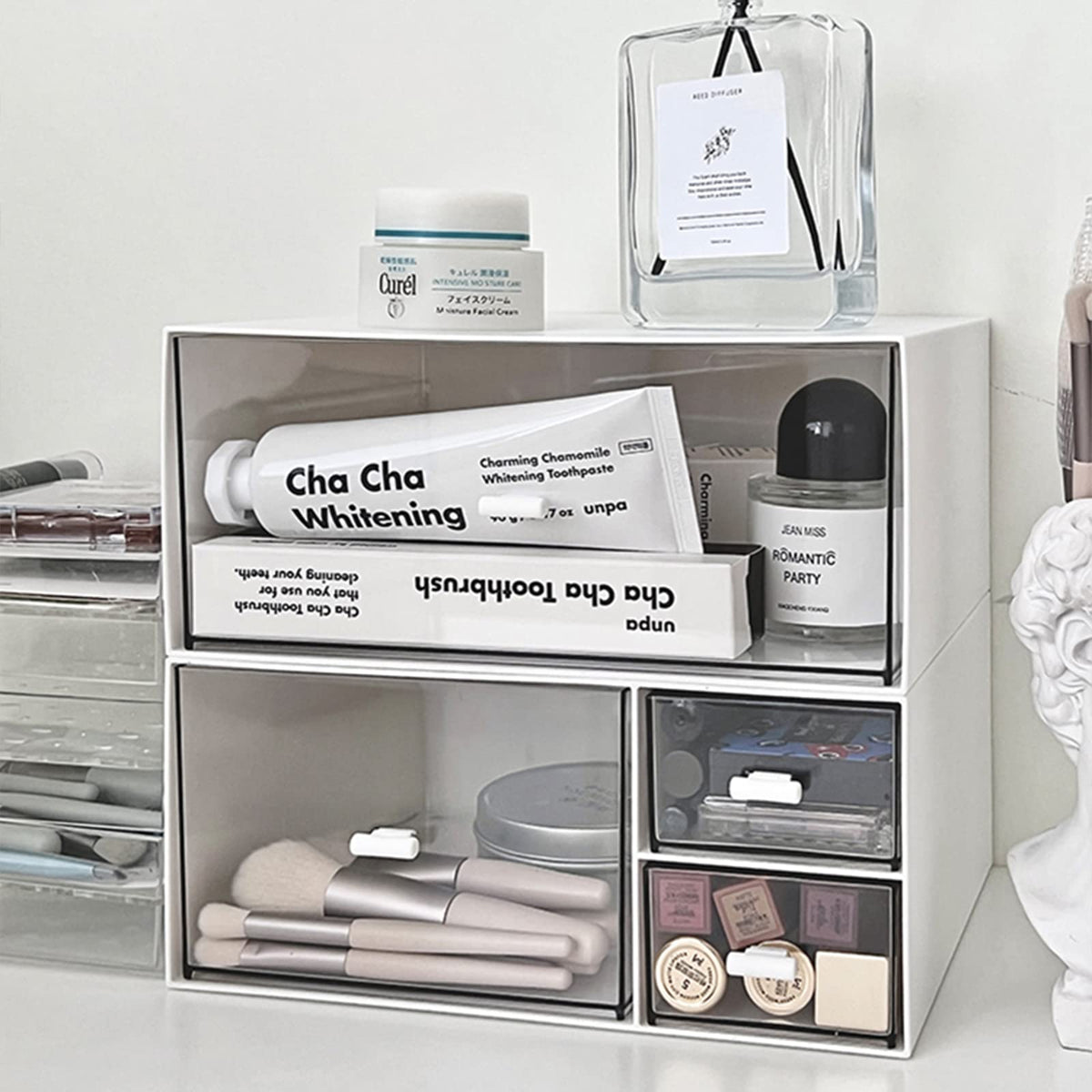 Desk Drawer Organizer, Stackable Storage Drawers, Plastic White Desk Organizers Great for Makeup