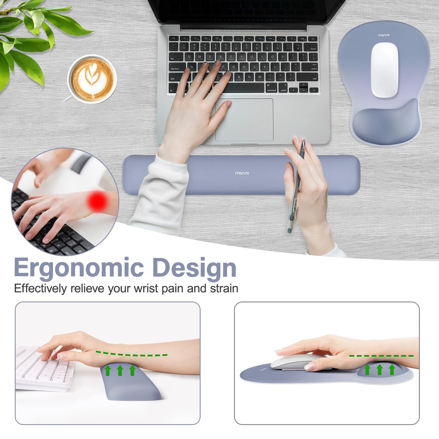 MOSISO Wrist Rest Support for Mouse Pad & Keyboard Set,Stone Blue