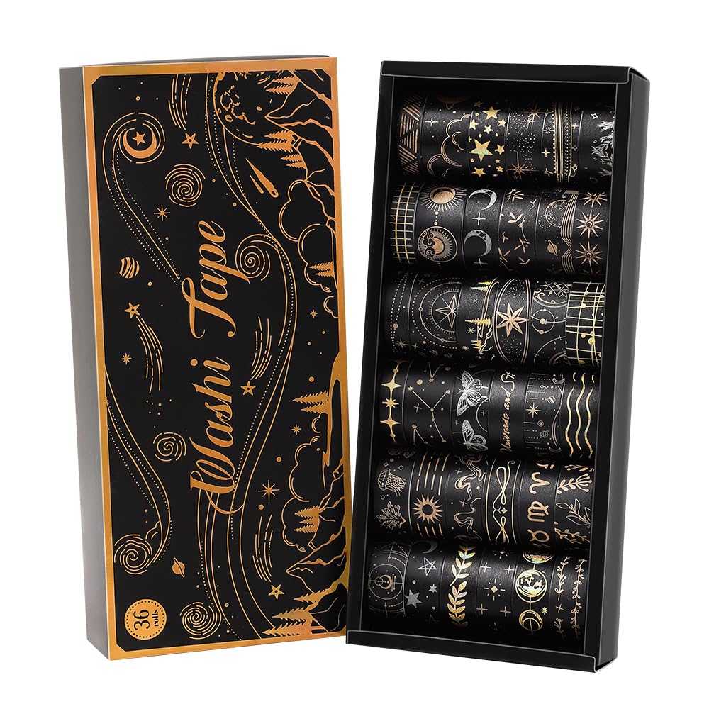 icceemee 36 Rolls Starry Theme Washi Tape Set with Celestial Patterns - Writeable Decorative Tapes