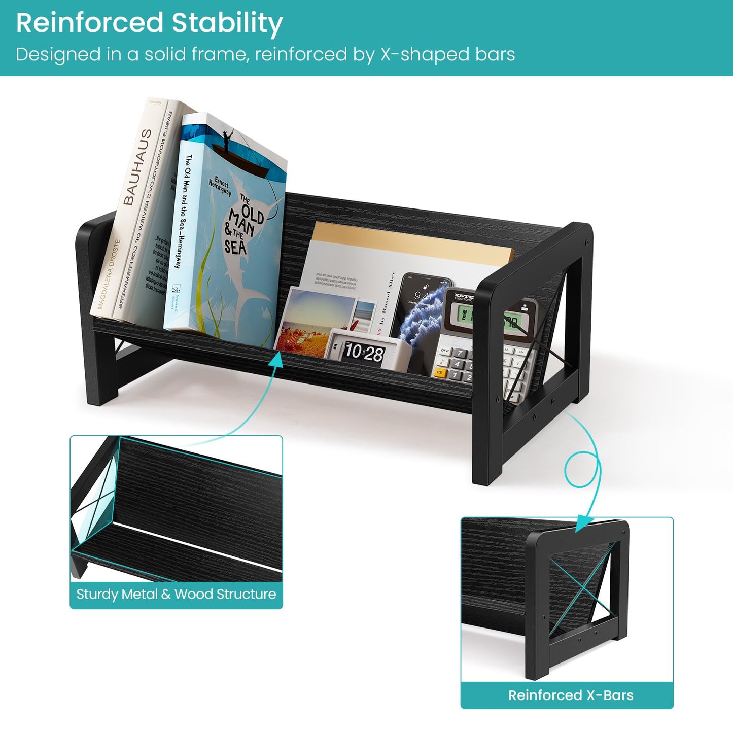 ELITEROO Desk Bookshelf, Small Book Shelf, Wooden Desktop Bookcase, Tilting Table Top Bookshelf for