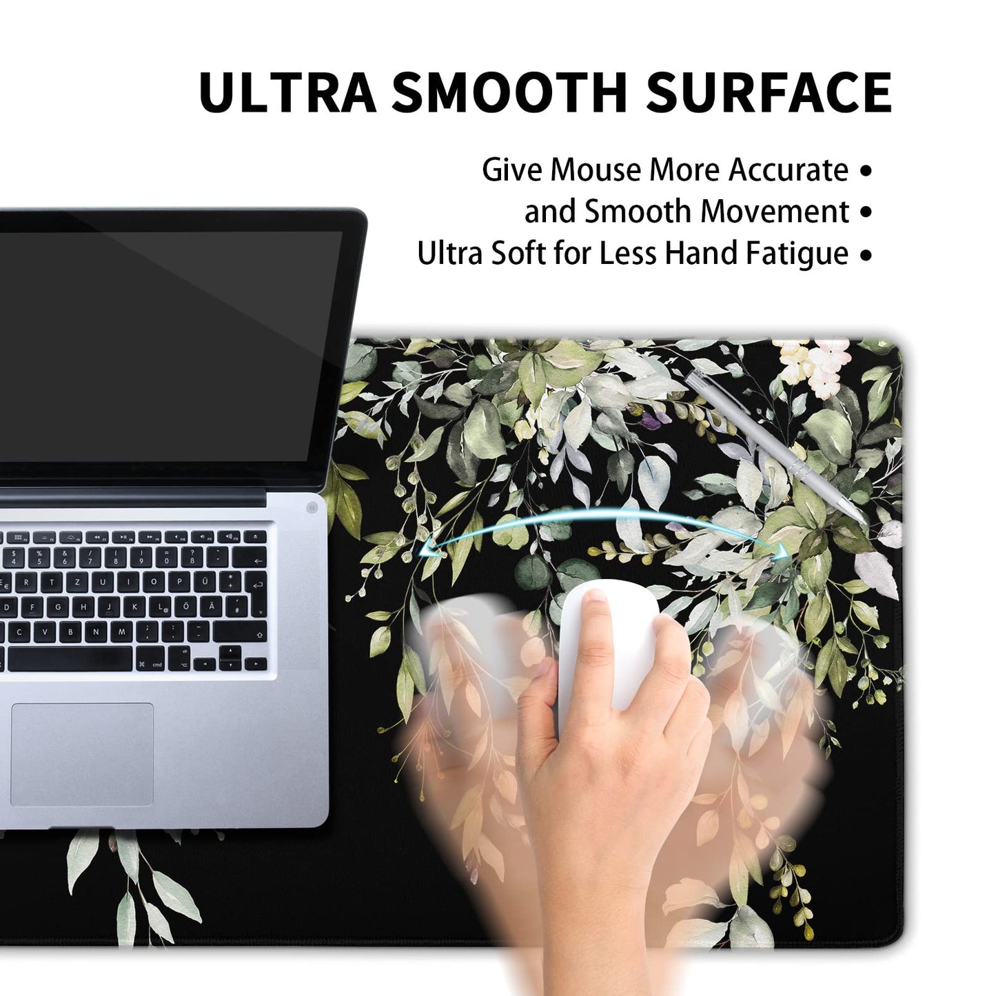 aportt Sage Green Leaves Gaming Mouse Pad XL Spring Summer Floral Extended Large Desk Mat Black Big