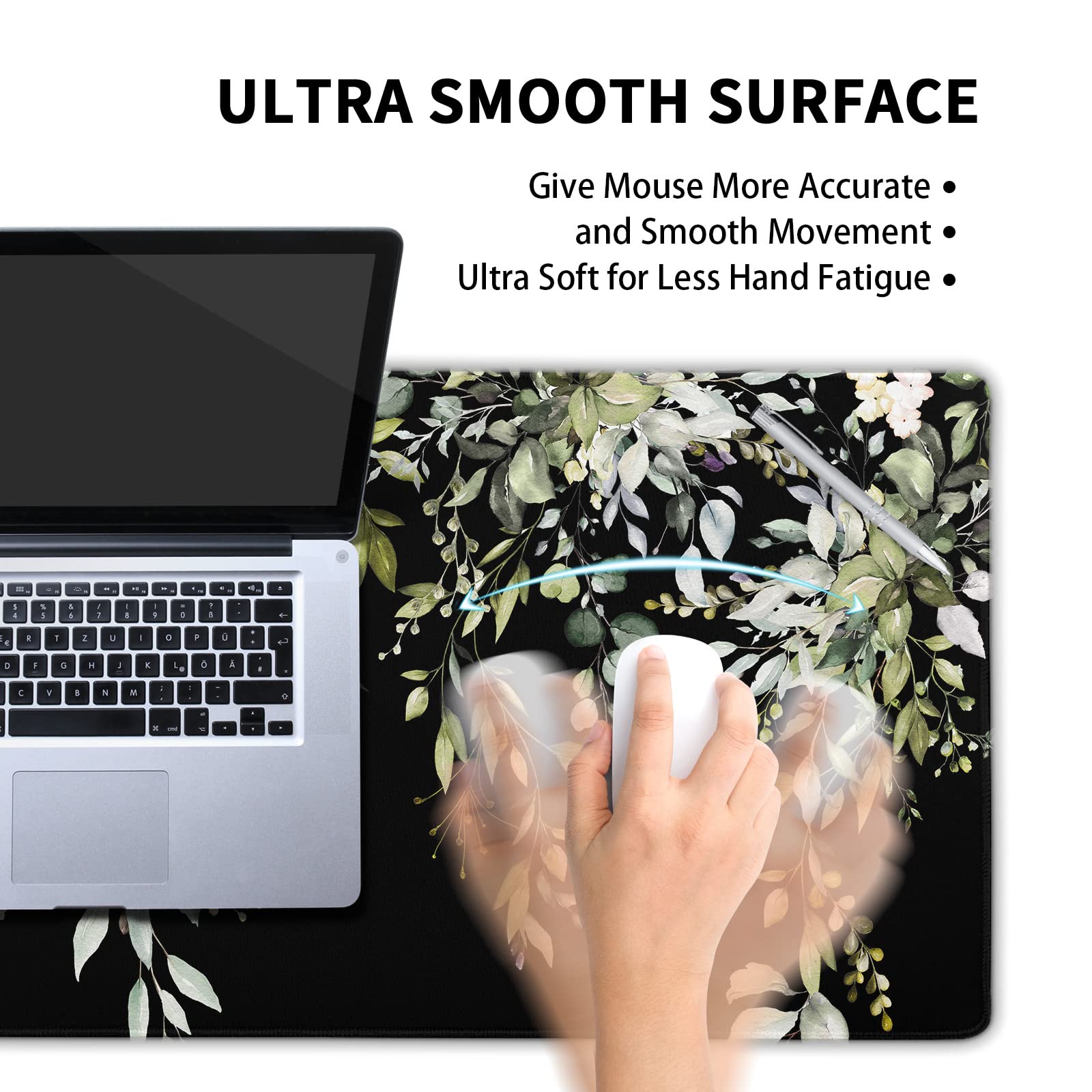 aportt Sage Green Leaves Gaming Mouse Pad XL Spring Summer Floral Extended Large Desk Mat Black Big