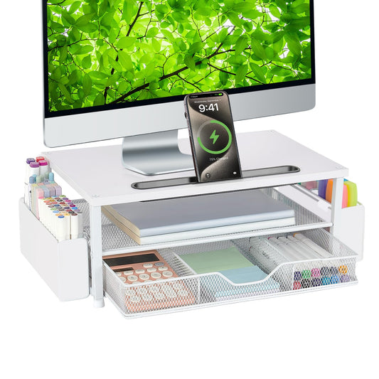 AUPSEN White Monitor Stand Riser, 2-Tier Wood Computer Desk Organizer with Drawer, Pen Storage &