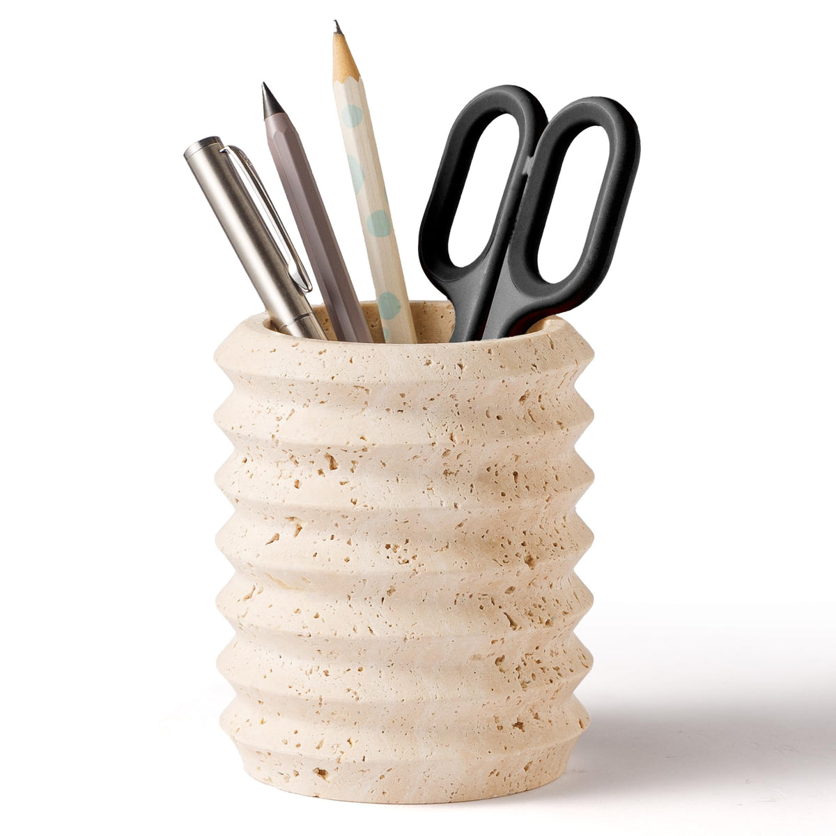 WORHE Pen Holder Stand for Desk, Natural Travertine Stone Makeup Brush Holders, Modern and