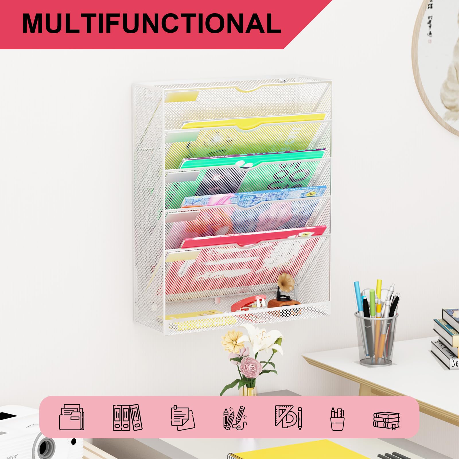 GDINDINFAN Hanging Wall File Organizer 6 Tier Wall Mounted File Holder Document Wall Organizer