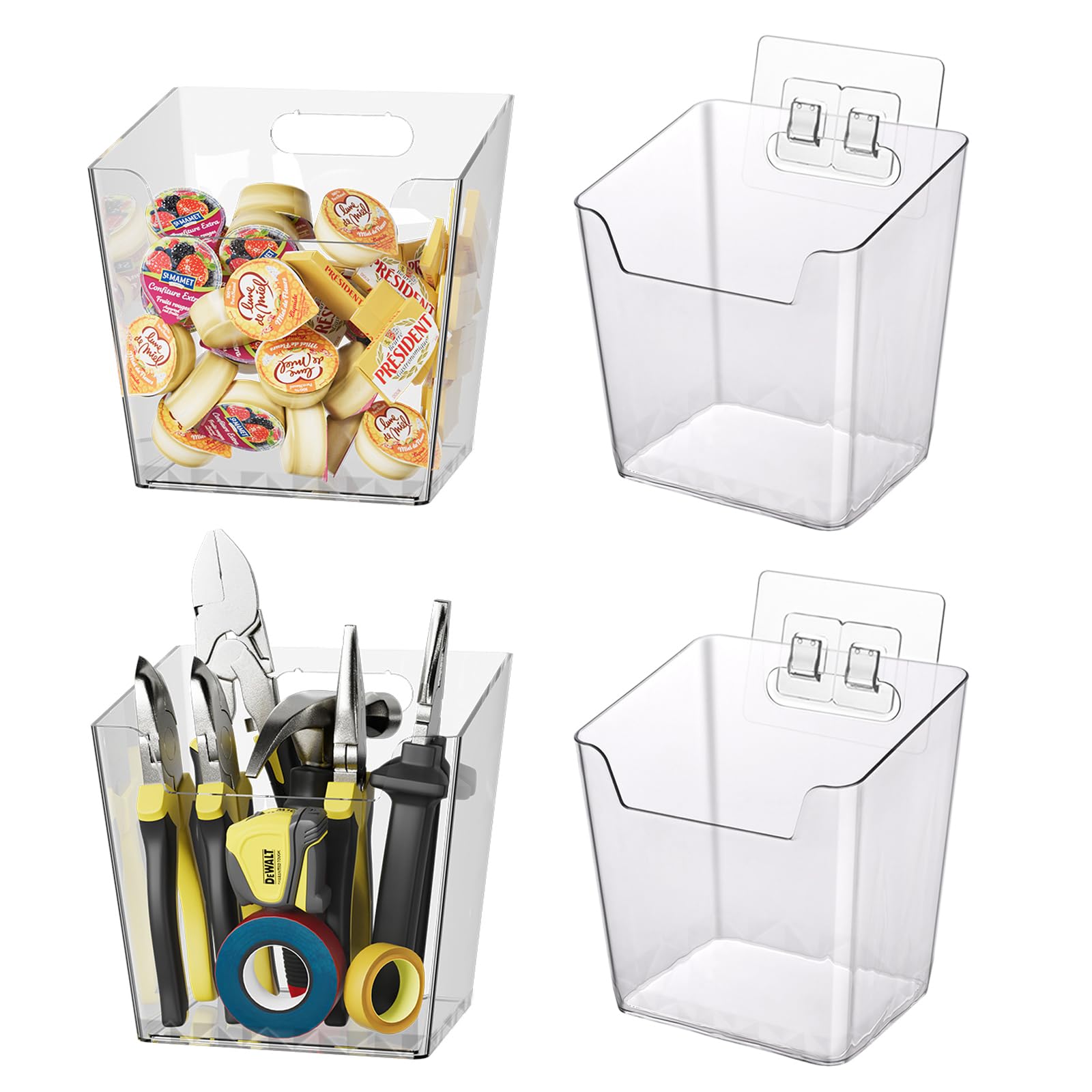 Clear Adhesive Wall Storage Bins, 4 Pack Cabinet Door Organizer Cups(Large)