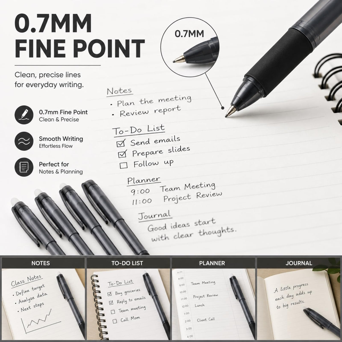 Volcanics Erasable Gel Pens, 0.7mm Fine Point, Soft Black, 36 Pack
