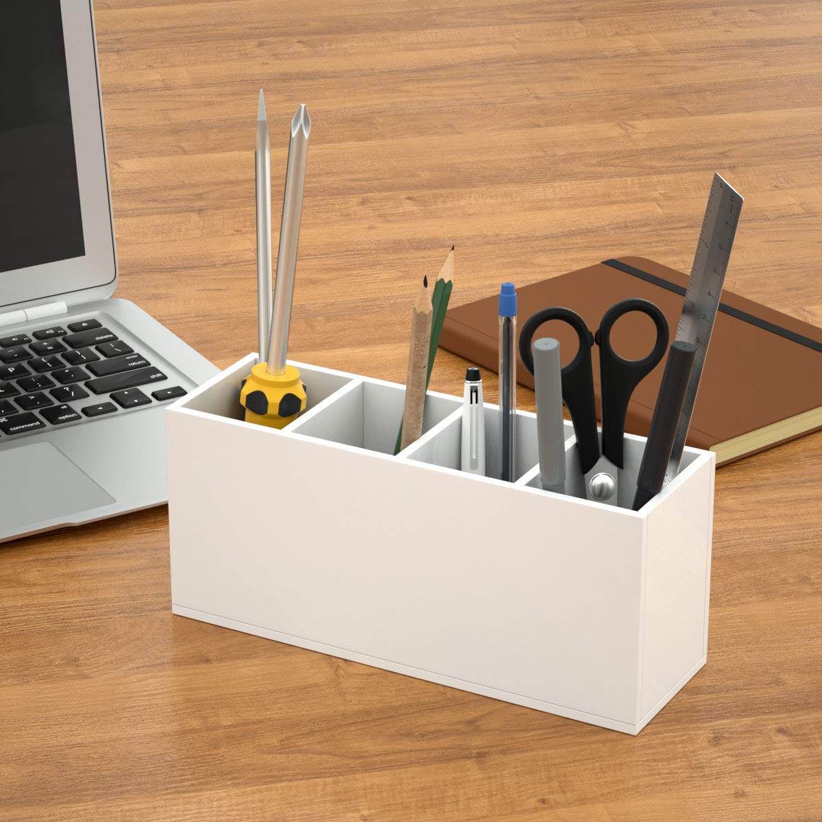NIUBEE Acrylic Pen Holder 4 Compartments, White Pencil Organizer Cup for Countertop Desk Accessory