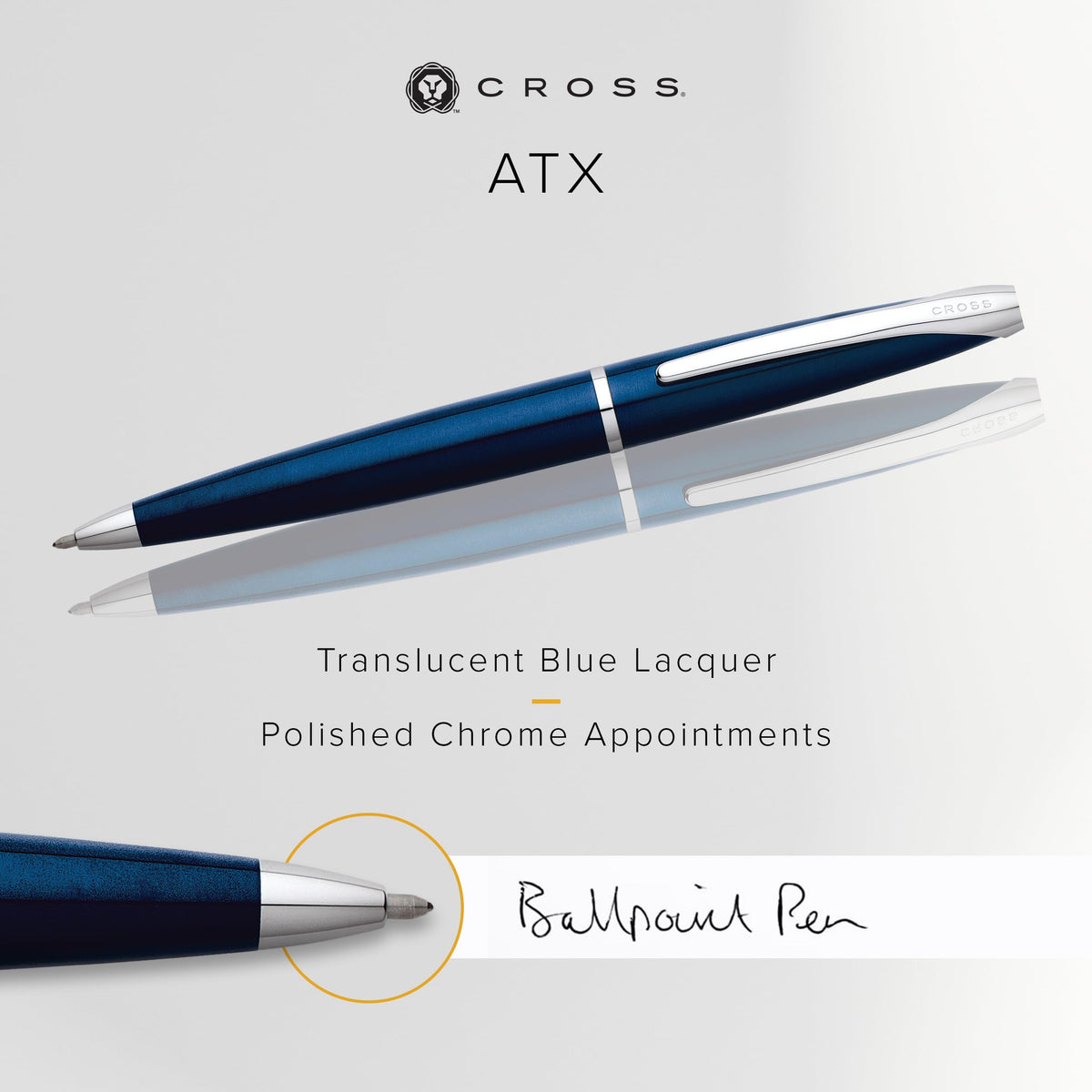 Cross ATX Translucent Blue Lacquer Ballpoint Pen, Medium Point, Black Ink