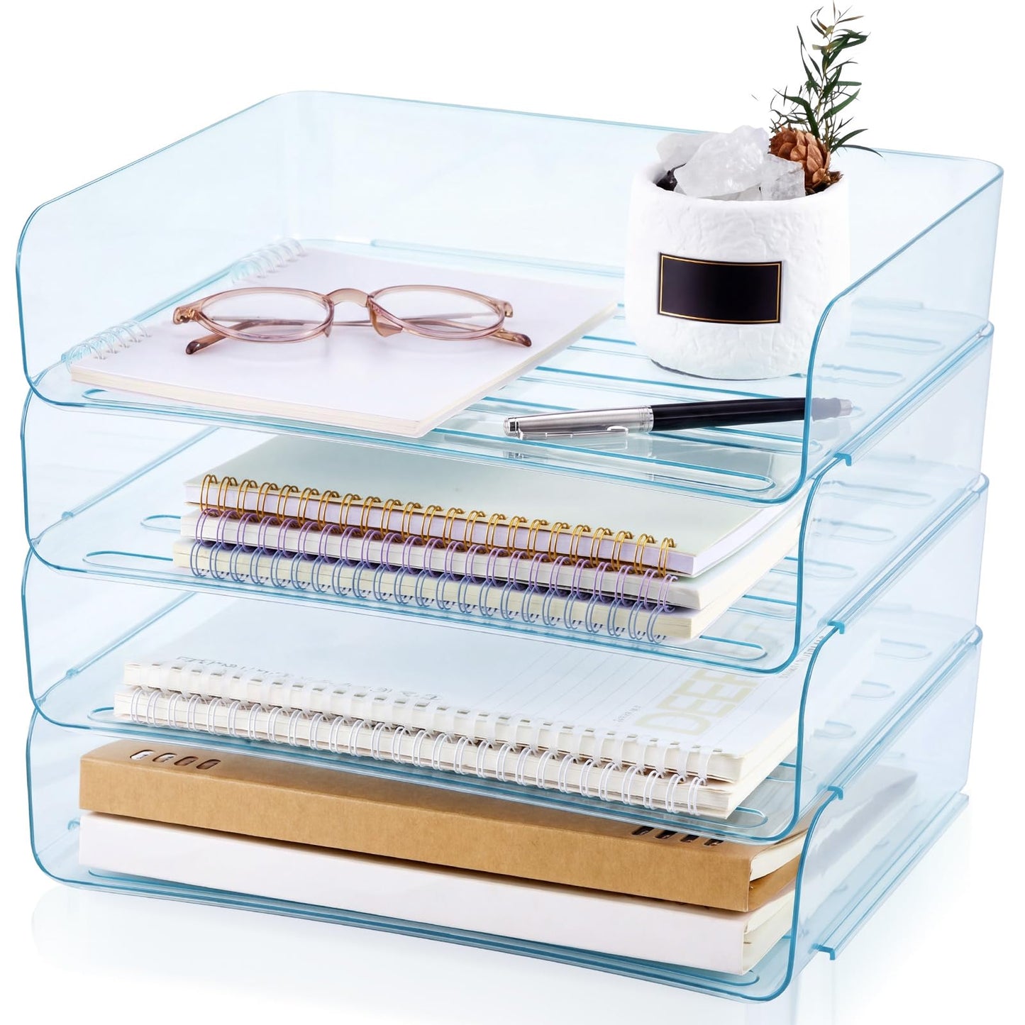 Harloon 4 Tier Clear Blue Acrylic Paper Organizer Letter Tray, Aesthetic Stackable Desk File