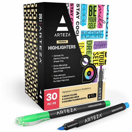 ARTEZA Highlighters Set of 30, Narrow Chisel Tip, Bulk Pack of Markers in 6 Assorted Neon Colors