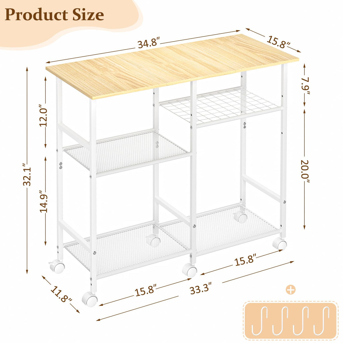 ThreeHio Kitchen Island cart with Storage, Mobile Kitchen Cart with 4 Hooks and Adjustable Shelf on