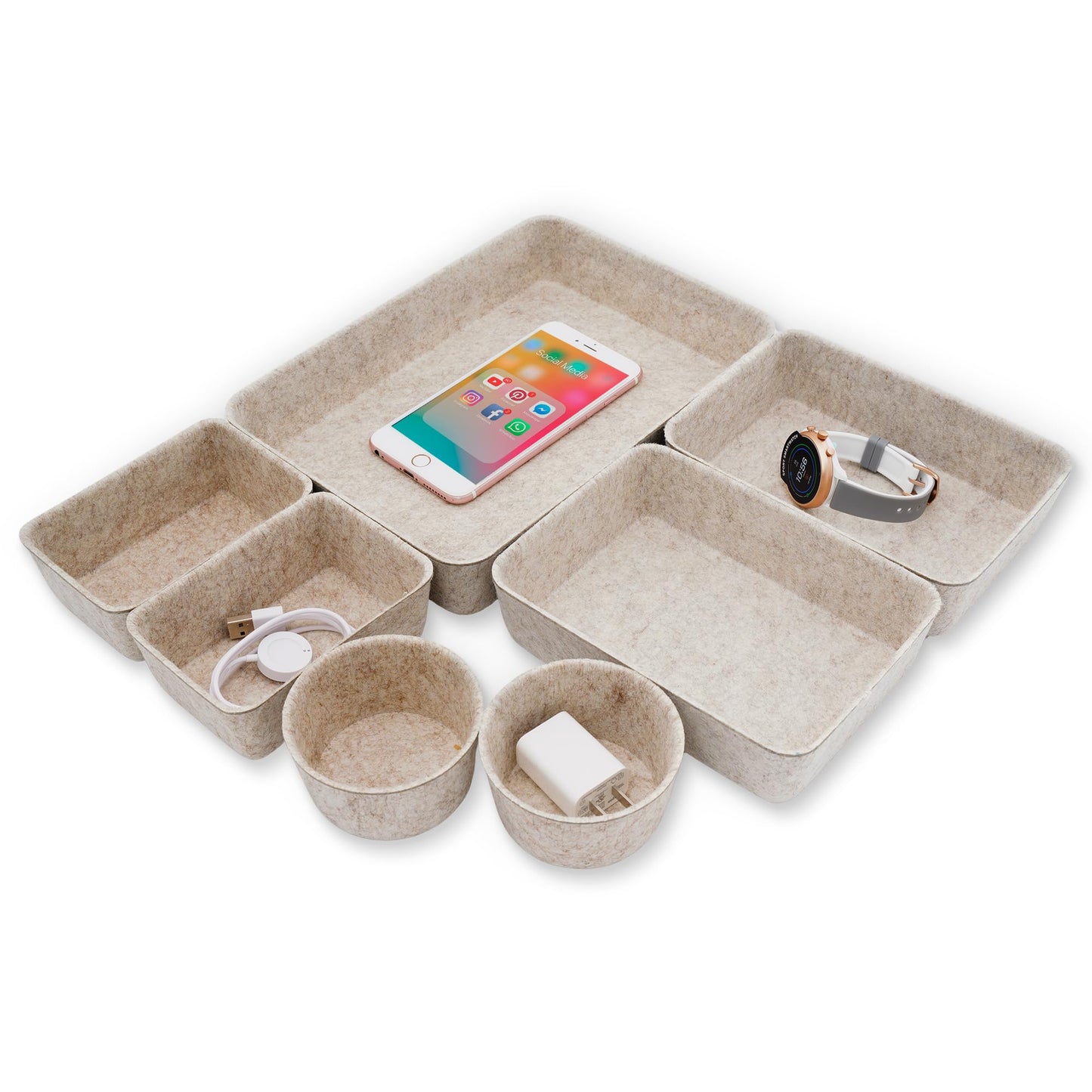 Welaxy 7pc Scandinavian Felt Desk Drawer Organizer Oatmeal Catchall Tray
