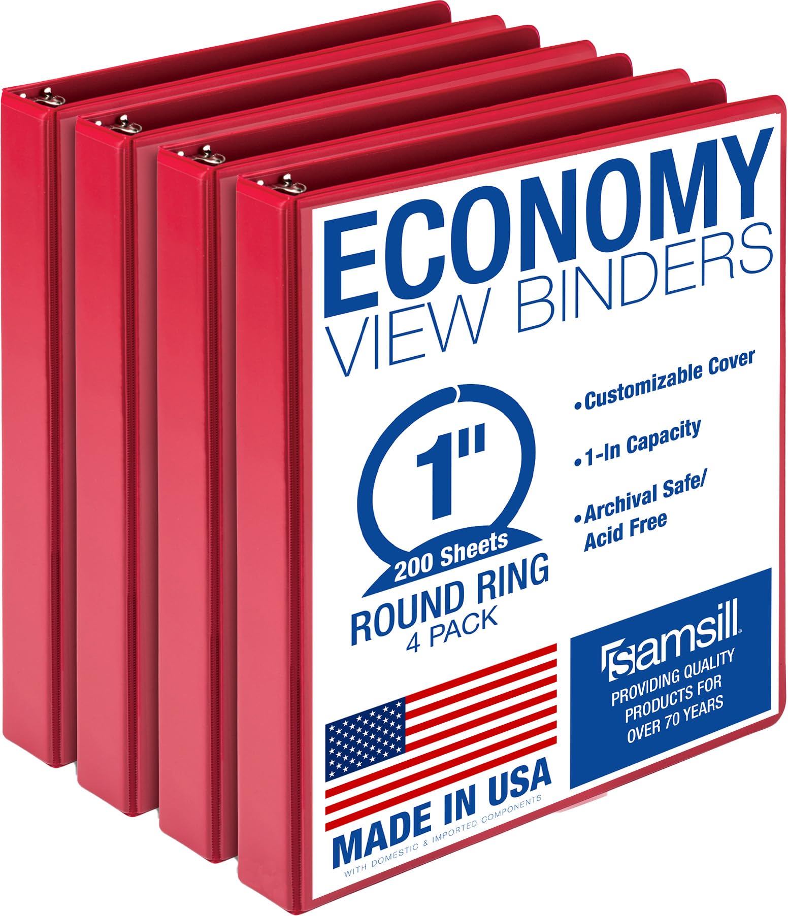 Samsill 1 Inch 3 Ring Binders, Economy Round Ring, Clear View Cover, 200 Sheet Capacity - for