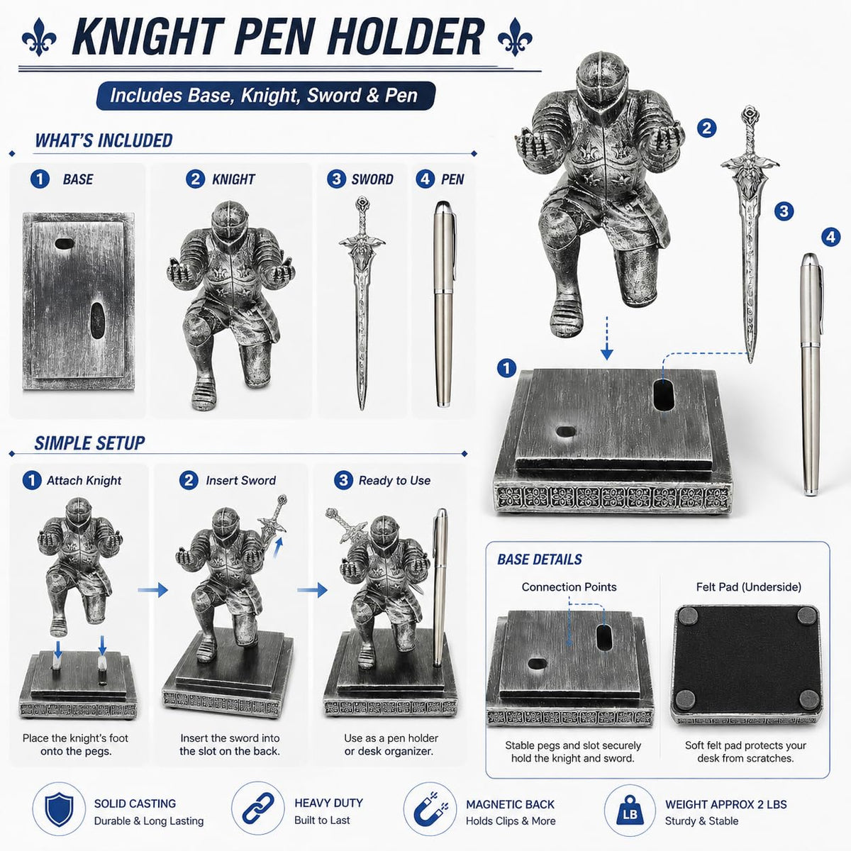 Miyolo Knight Pen Holder with a Sword & Pen Kneeling Medieval Soldier Pencil Stand Desk Organizers