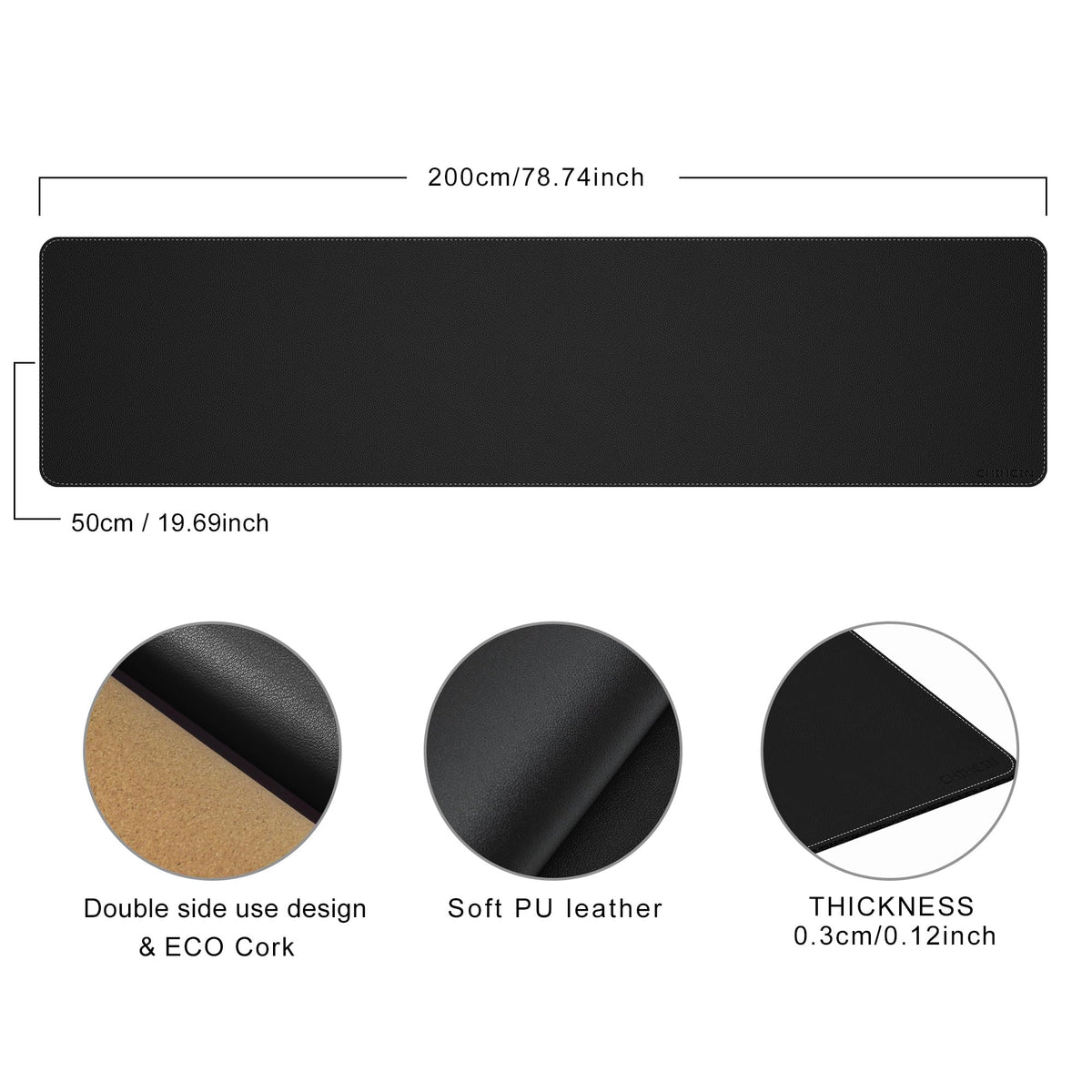 Chihein 79" x 20" 5XL PU Leather Desk Mat (Black), Huge Mouse Pad, Dual Sided Desk Pad Protector