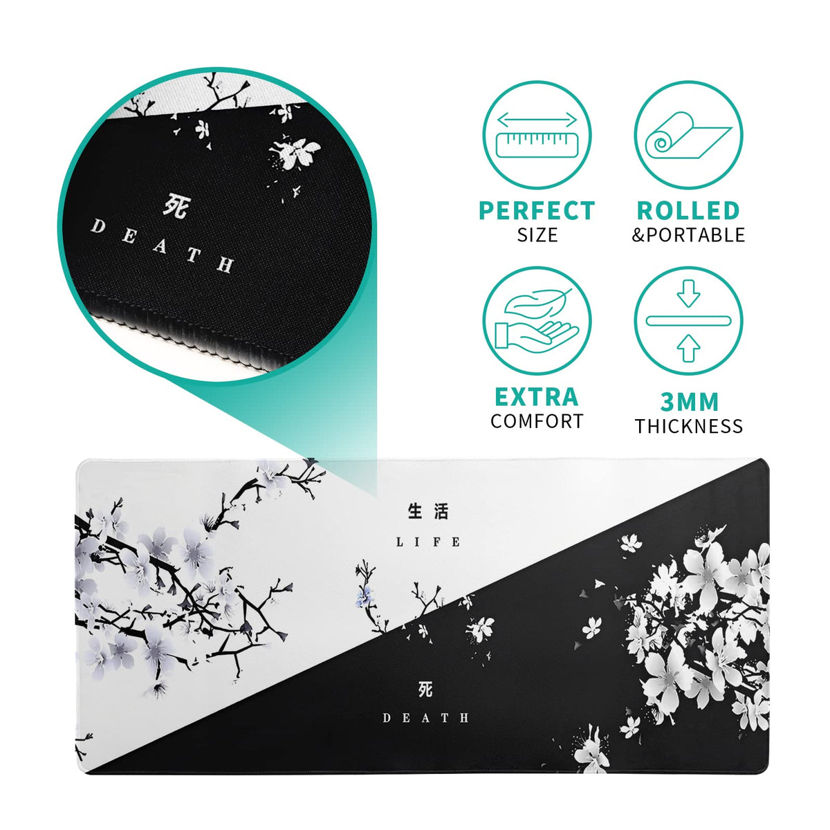 Black and White Japanese Cherry Blossom Gaming Mouse Pad Sakura Death Life Flower Mat 31.5x11.8