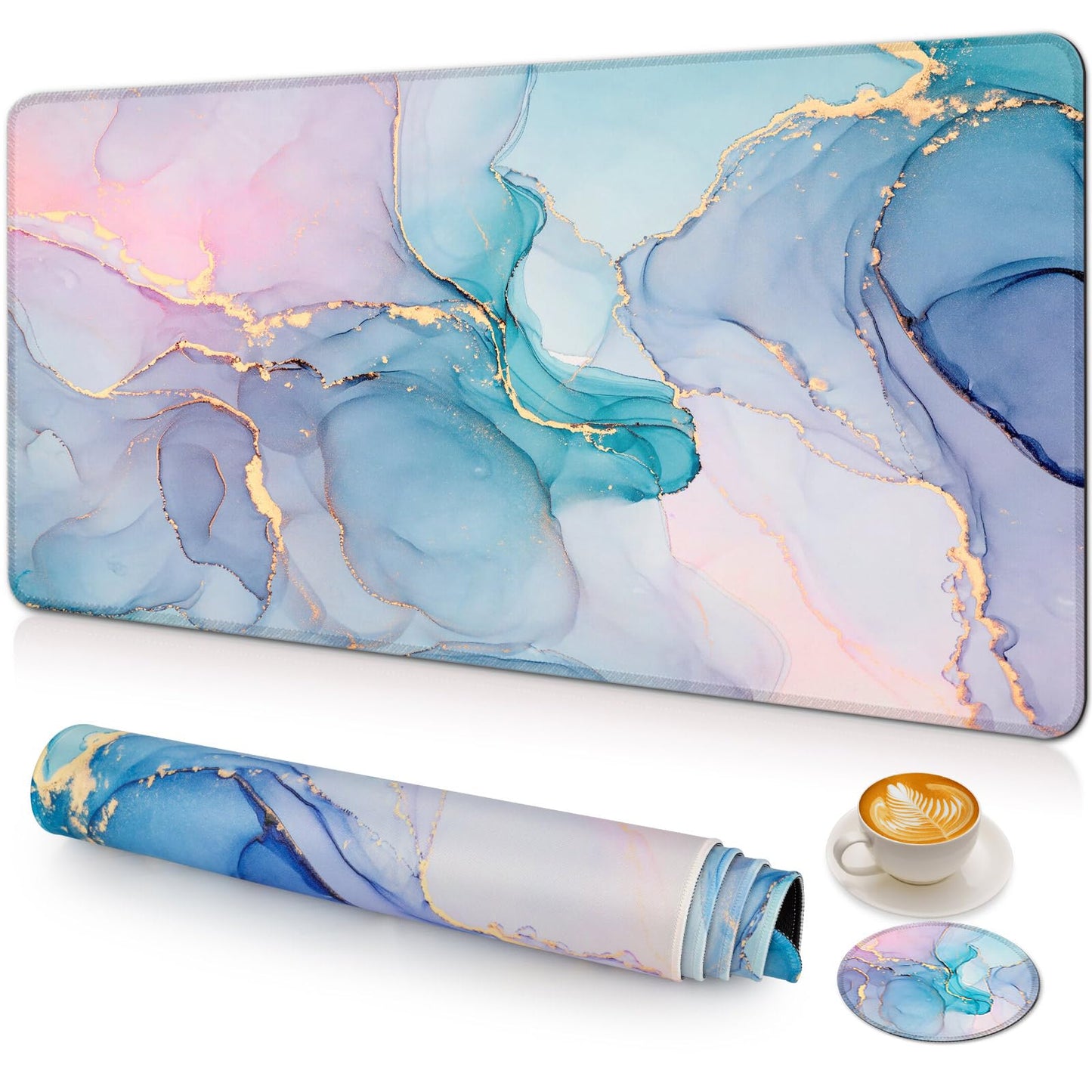 Large Gaming Mouse Pad with Coaster,Desk Matt for Desktop,Desk Mat-Marble