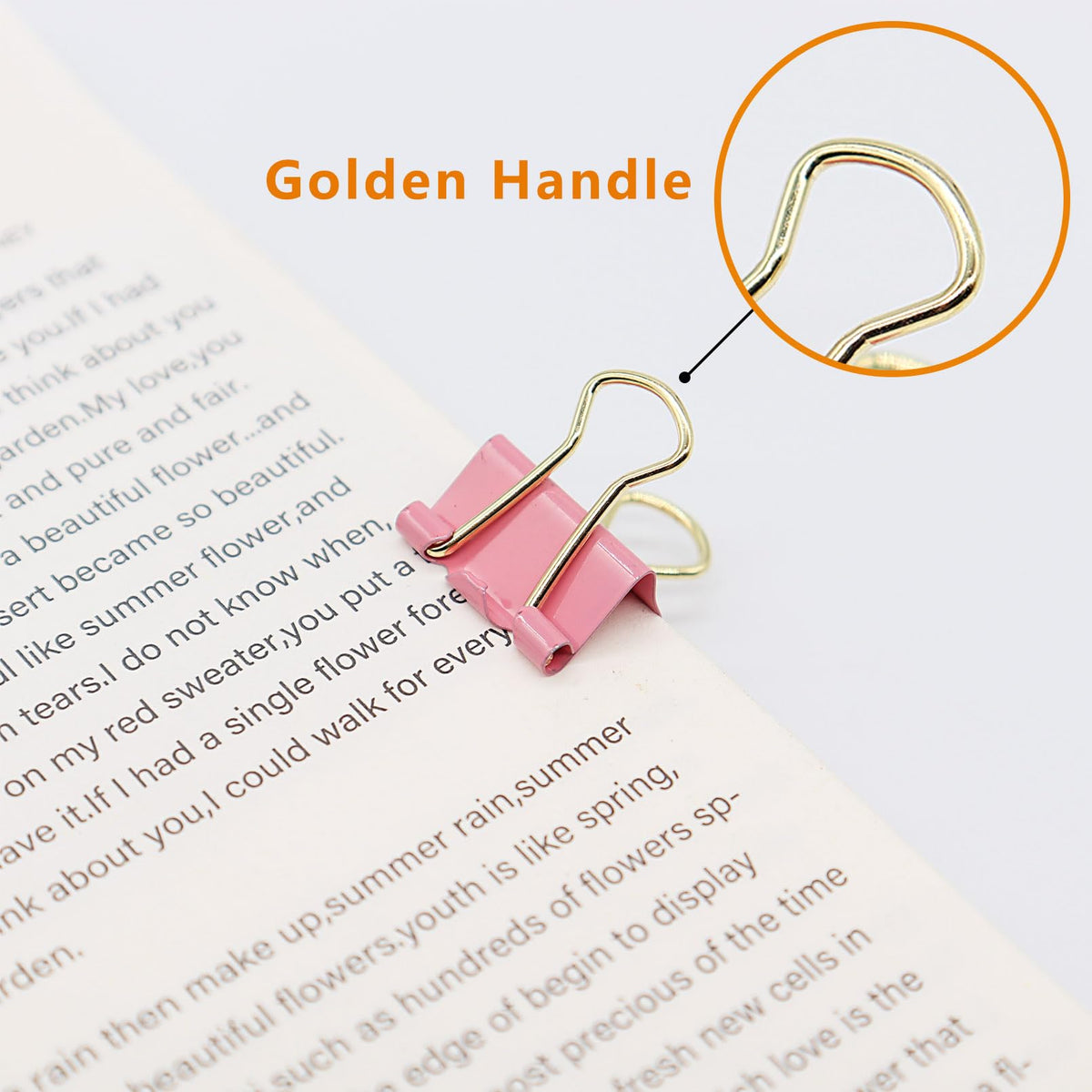Pink Binder Clips, Gold Handles Mini Paper Clip, Small Paper Clamps 15mm (5/8 inch), 100 Pack Micro