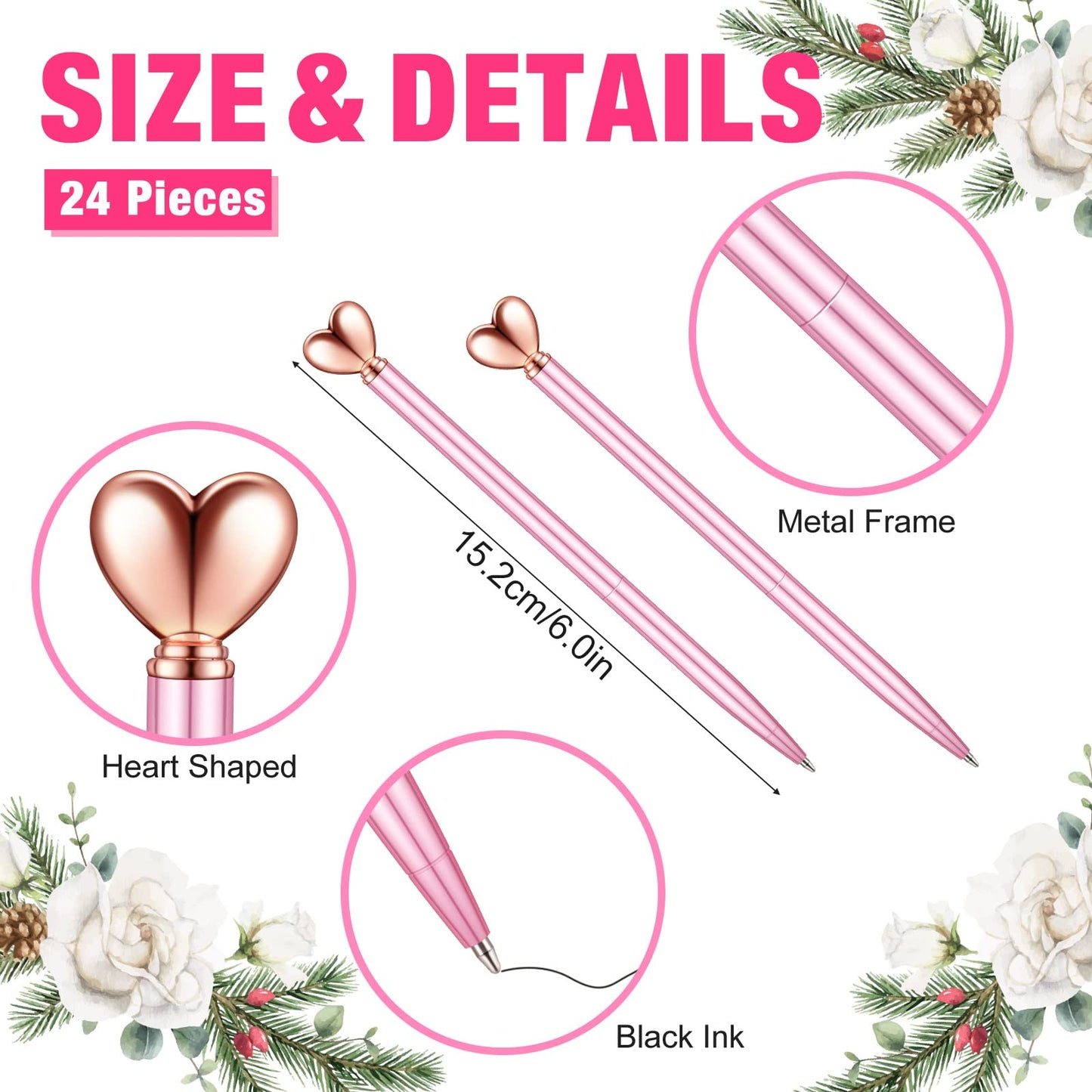 Thenshop Pink 24 Pcs Heart Shaped Pens Retractable Metal Cute Pens 1.0 mm Black Ink Ballpoint