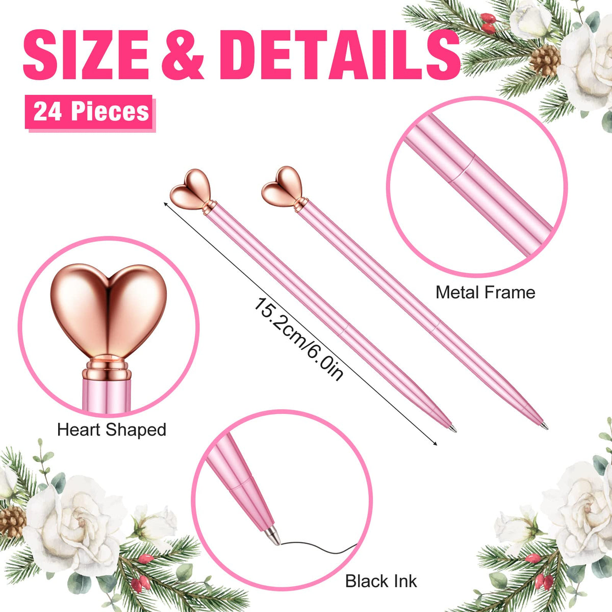 Thenshop Pink 24 Pcs Heart Shaped Pens Retractable Metal Cute Pens 1.0 mm Black Ink Ballpoint