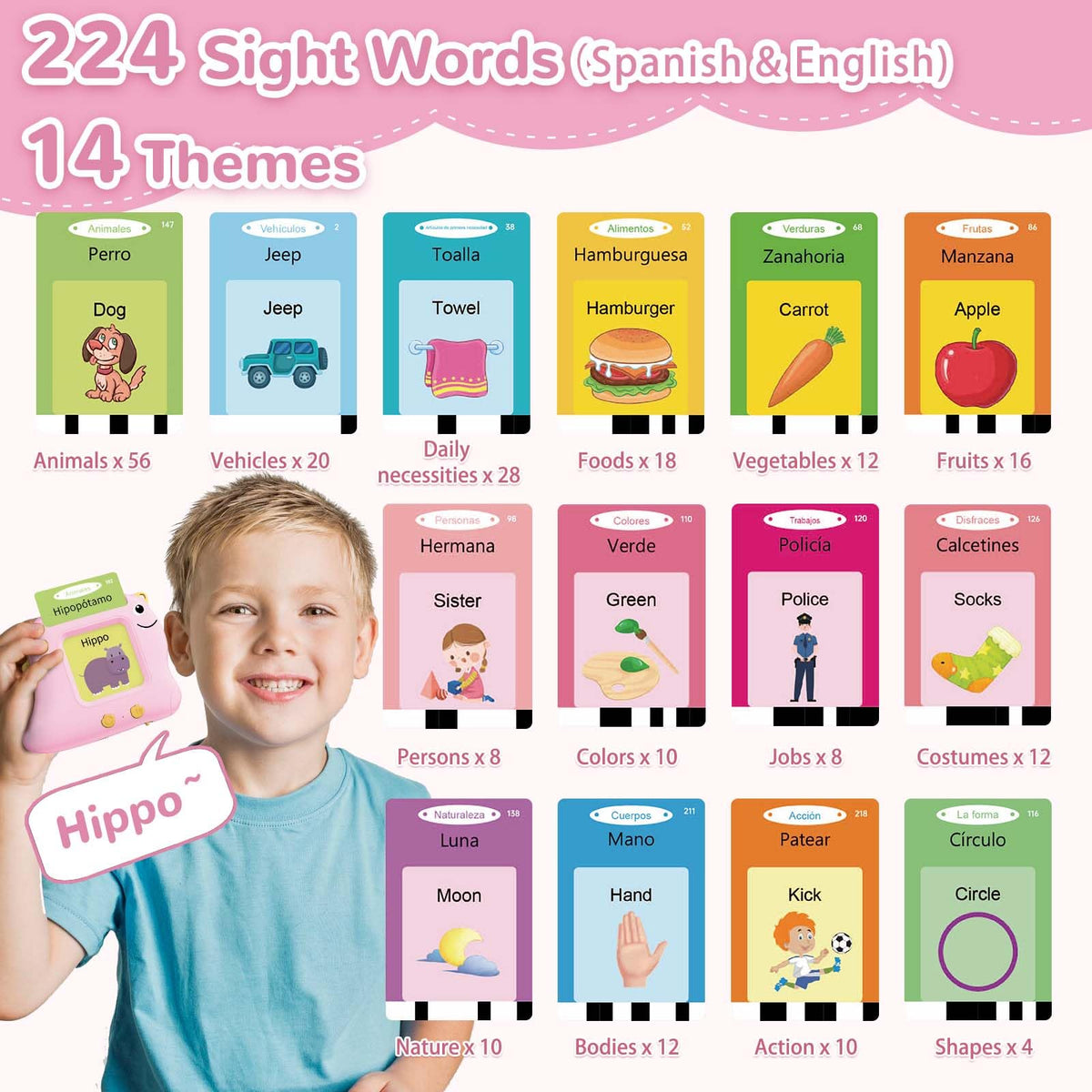 Alotwan Spanish Talking Flash Cards, Bilingual Español & English (Pink)