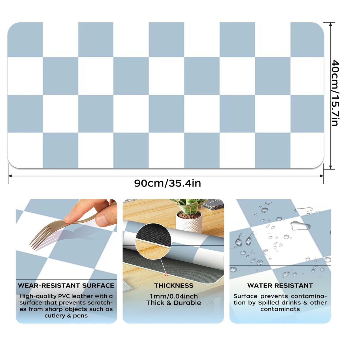 Large Checkered Desk Mat 35.4" x 15.7", PU Leather Desk Pad Protector, Large Mouse Pad for Desk