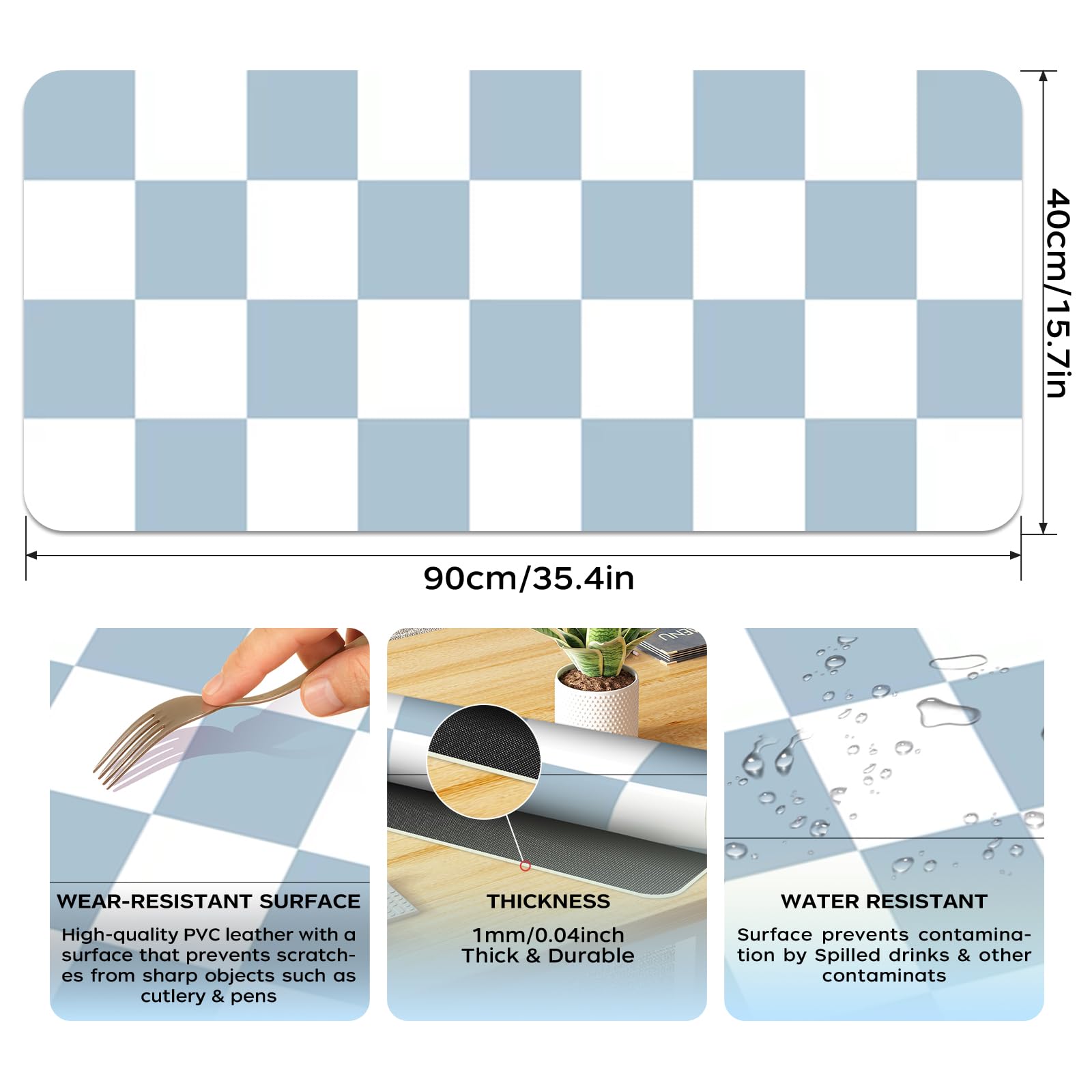 Large Checkered Desk Mat 35.4" x 15.7", PU Leather Desk Pad Protector, Large Mouse Pad for Desk