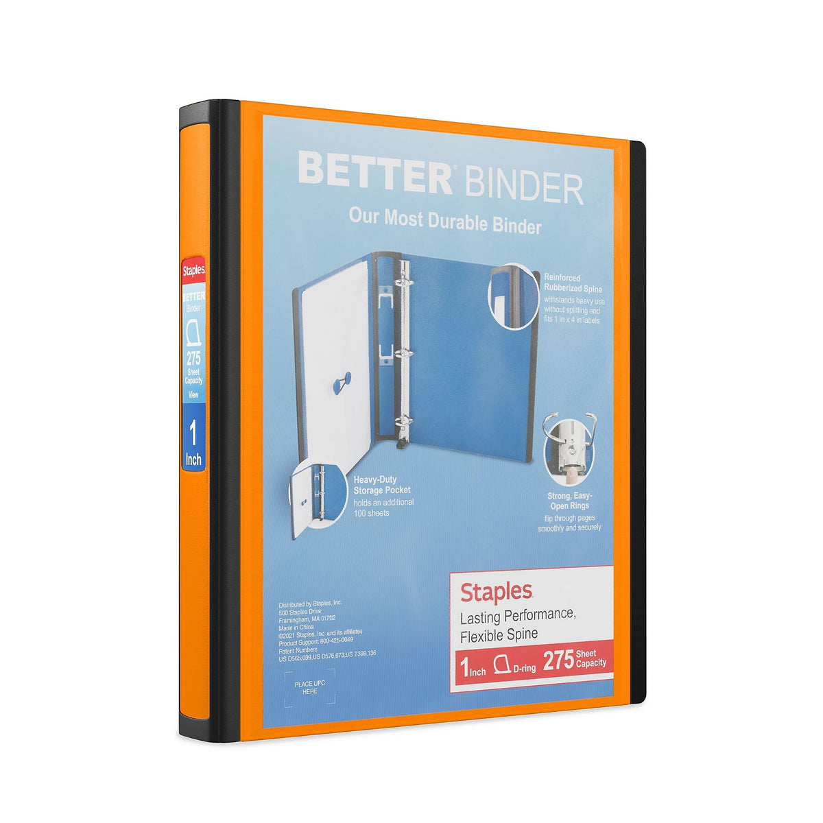 Staples Better 1-Inch D-Ring 3-Ring Binder, Orange, 275 Sheets