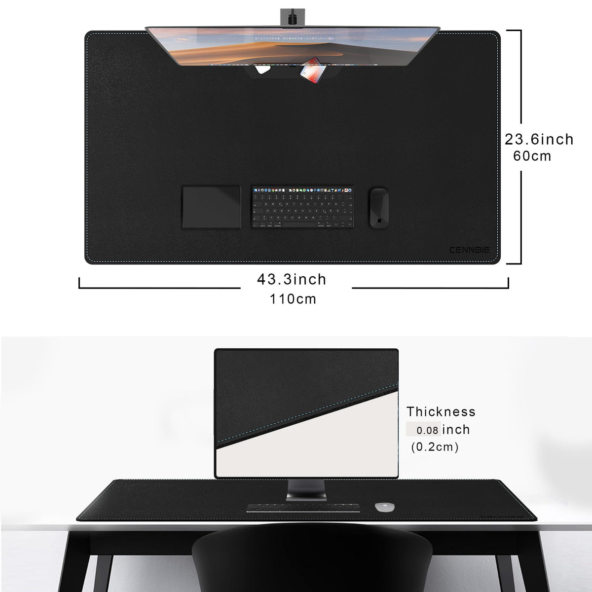 CENNBIE Leather Desk Mat Large, 43.6" x 23.6" Extended Mouse Pad (Black)