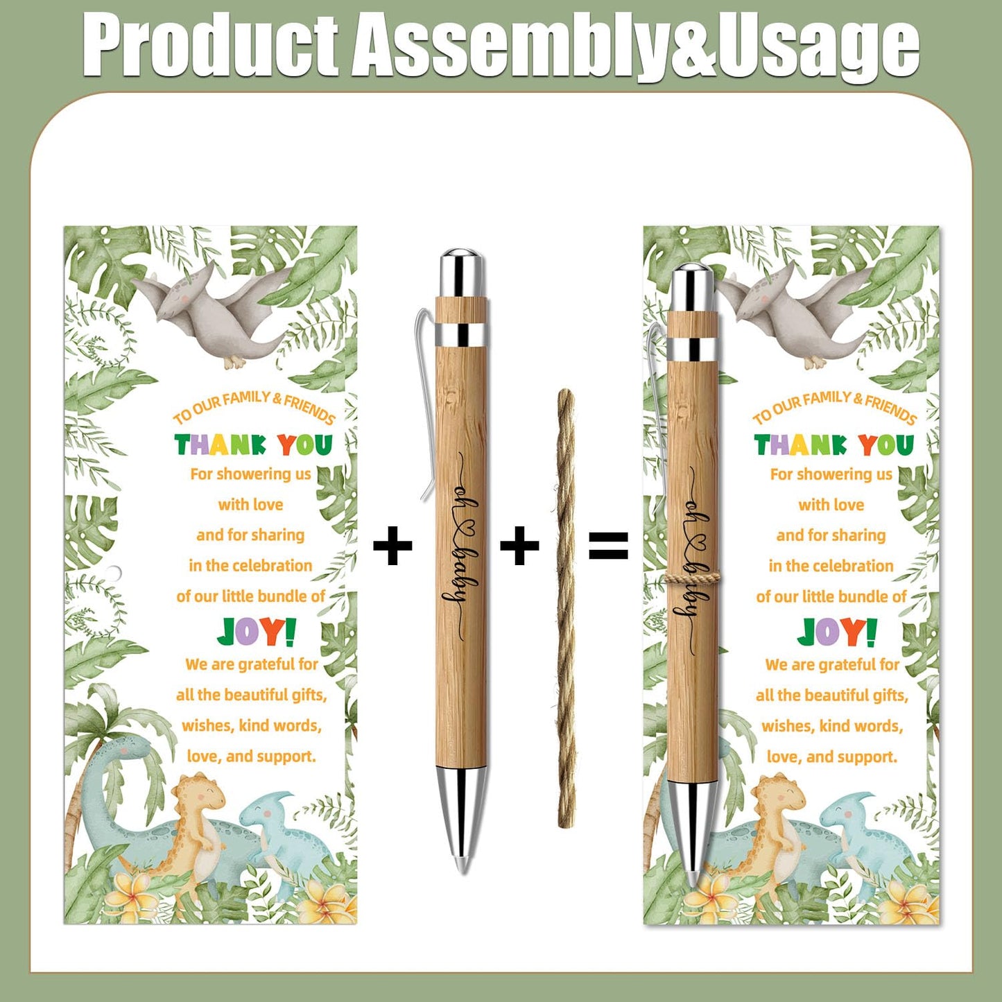 30 Pcs Dinosaur Baby Shower Favors Bulk, Bamboo Pens and Greeting Cards