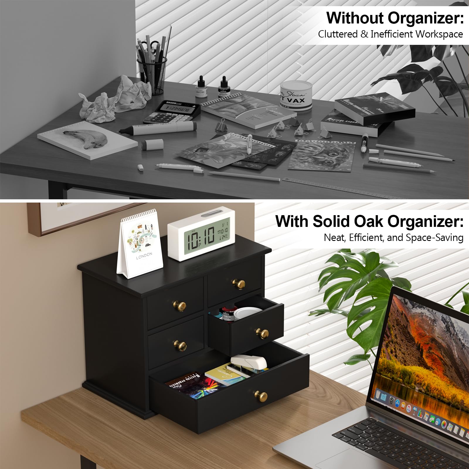 Oak Desk Organizer with Drawers, Durable Wooden Desktop Storage Box
