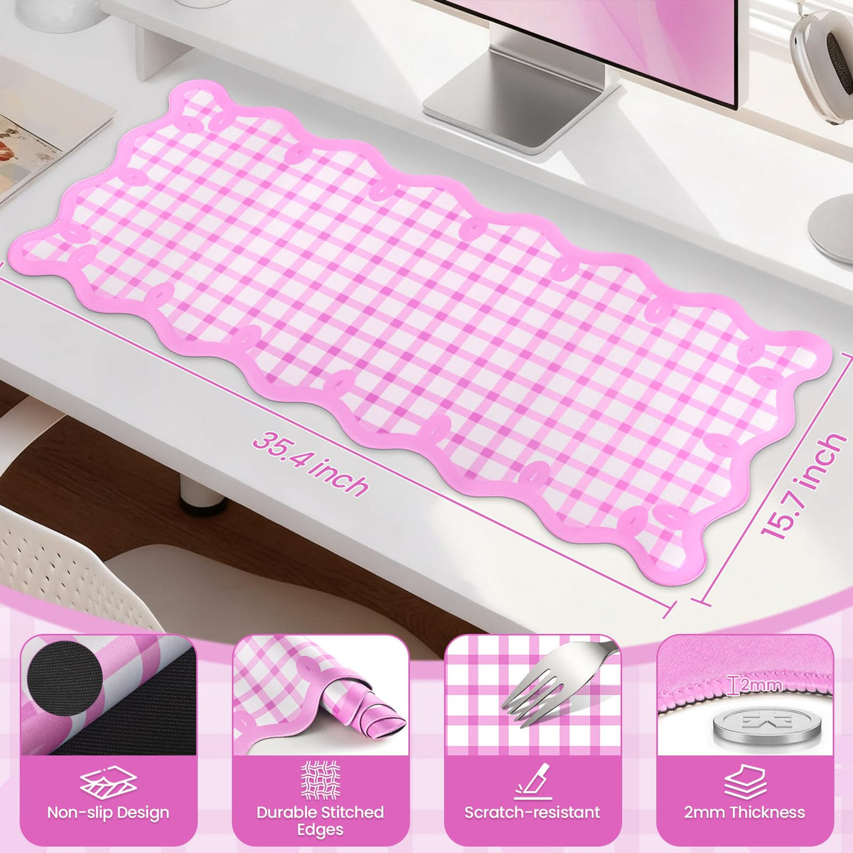 ARTSO Pink Desk Pad,Extra Large Mouse Pad for Laptop,Cute Scalloped Desk Mat for Women