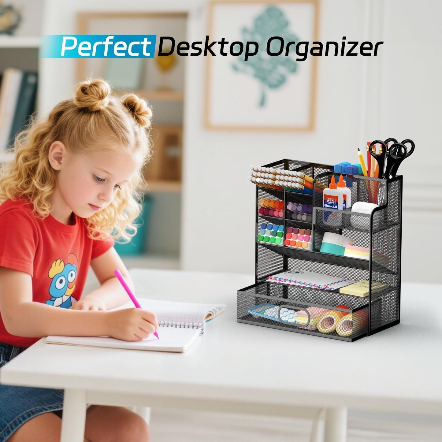 ReePlan Mesh Pen Organizer for Desk, 13 Compartments with Drawer, Black